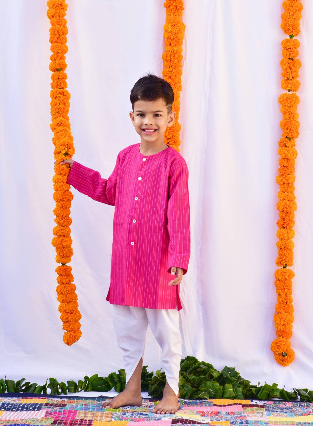 Pink White Dhoti Set