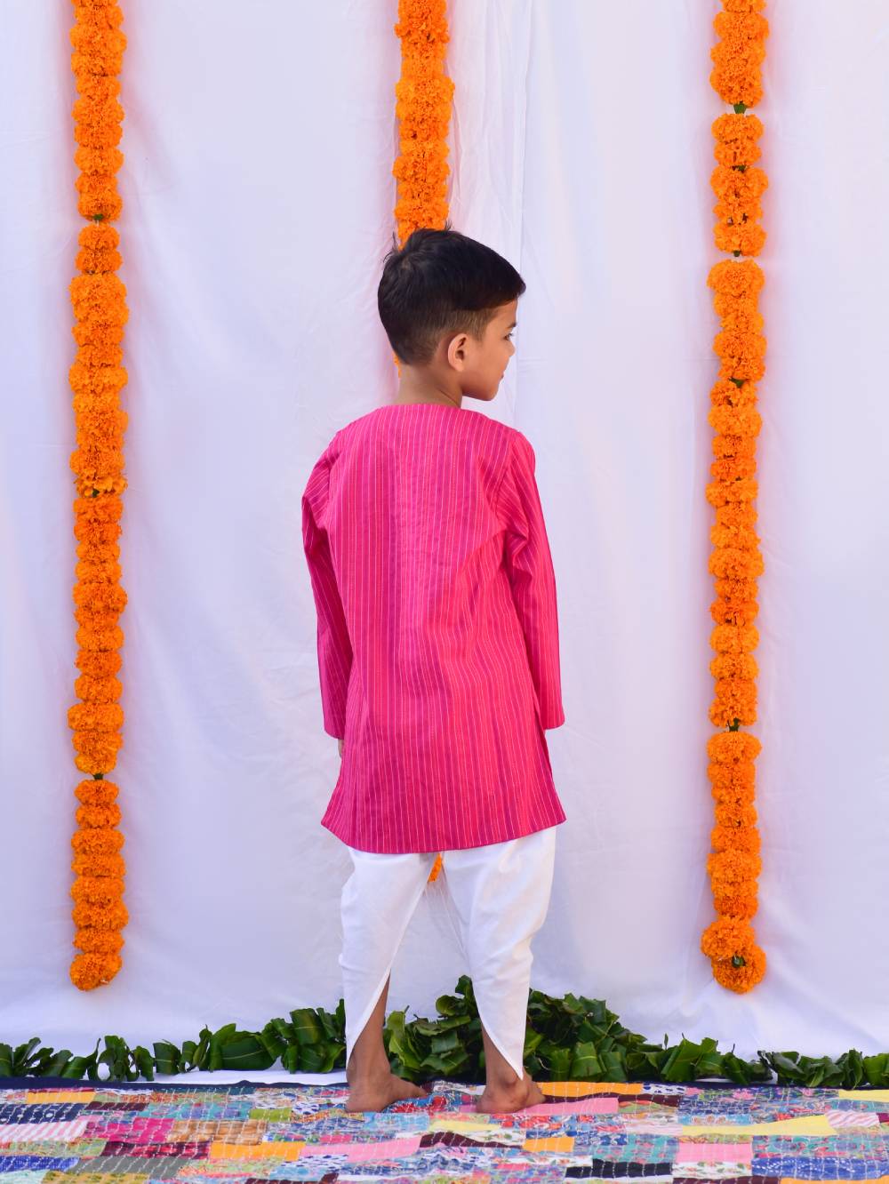 Pink White Dhoti Set