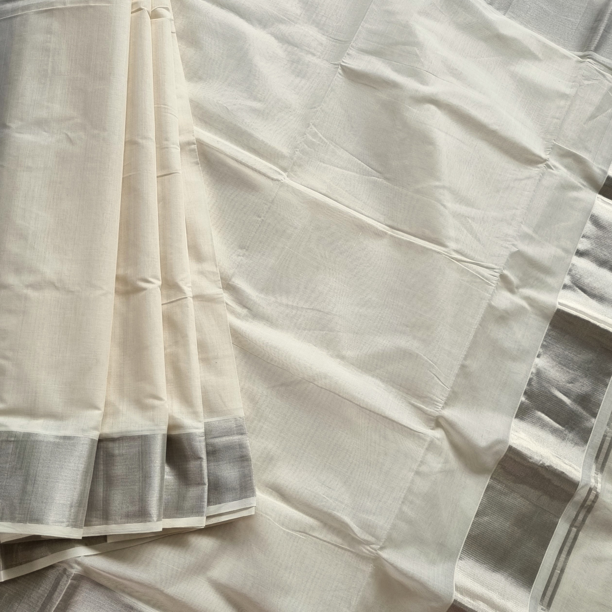 Kerala cotton Kasavu with silver colored borders