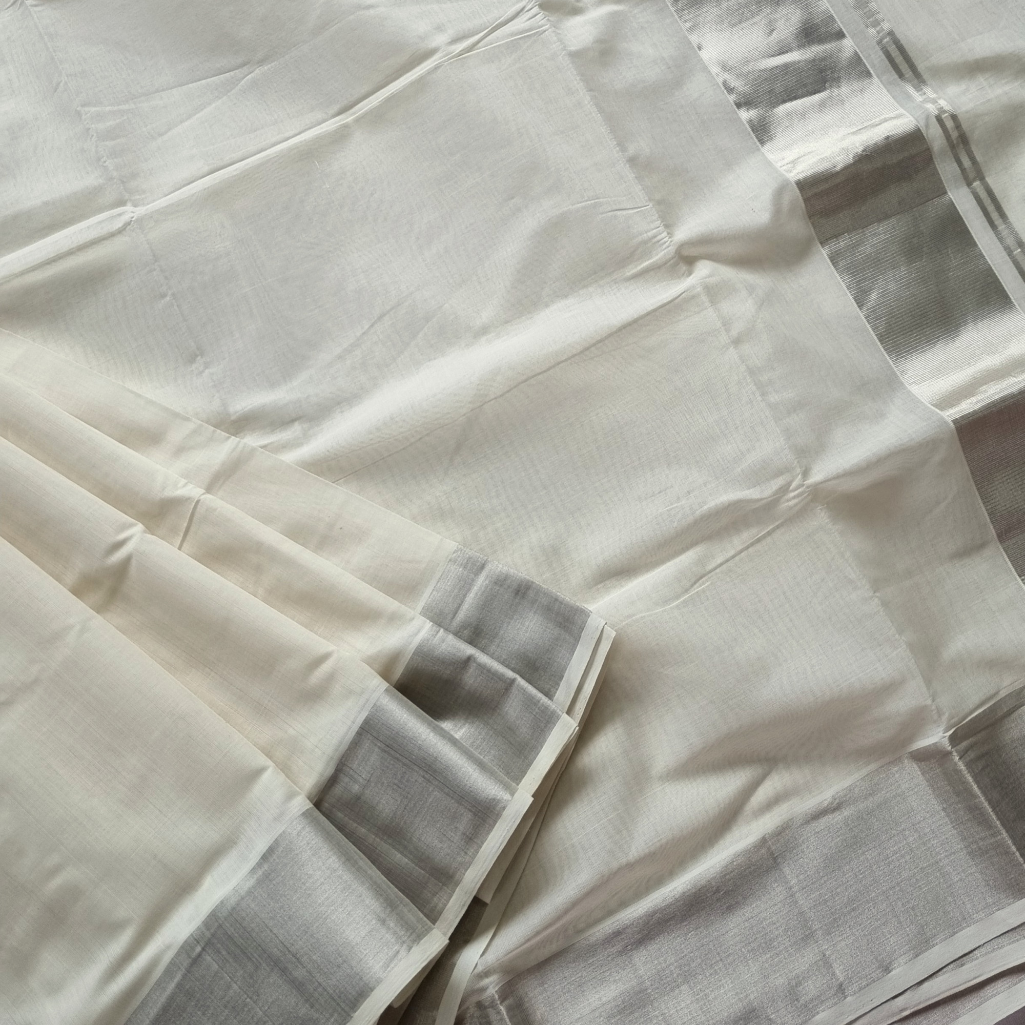 Kerala cotton Kasavu with silver colored borders