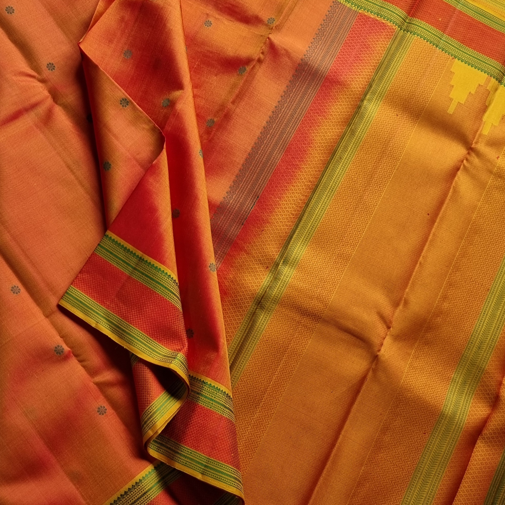 Kanjivaram Silk shot orange threadwork