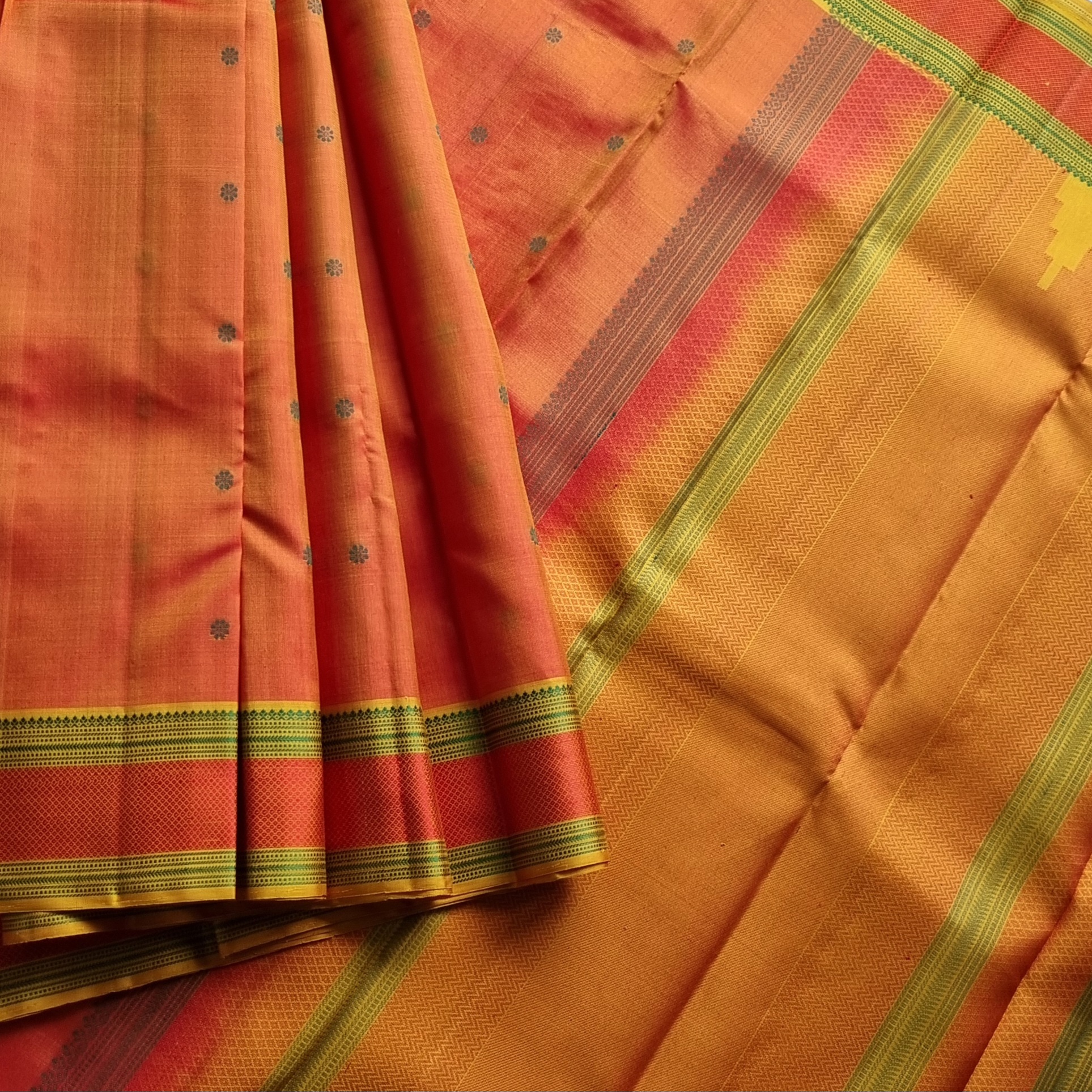 Kanjivaram Silk shot orange threadwork