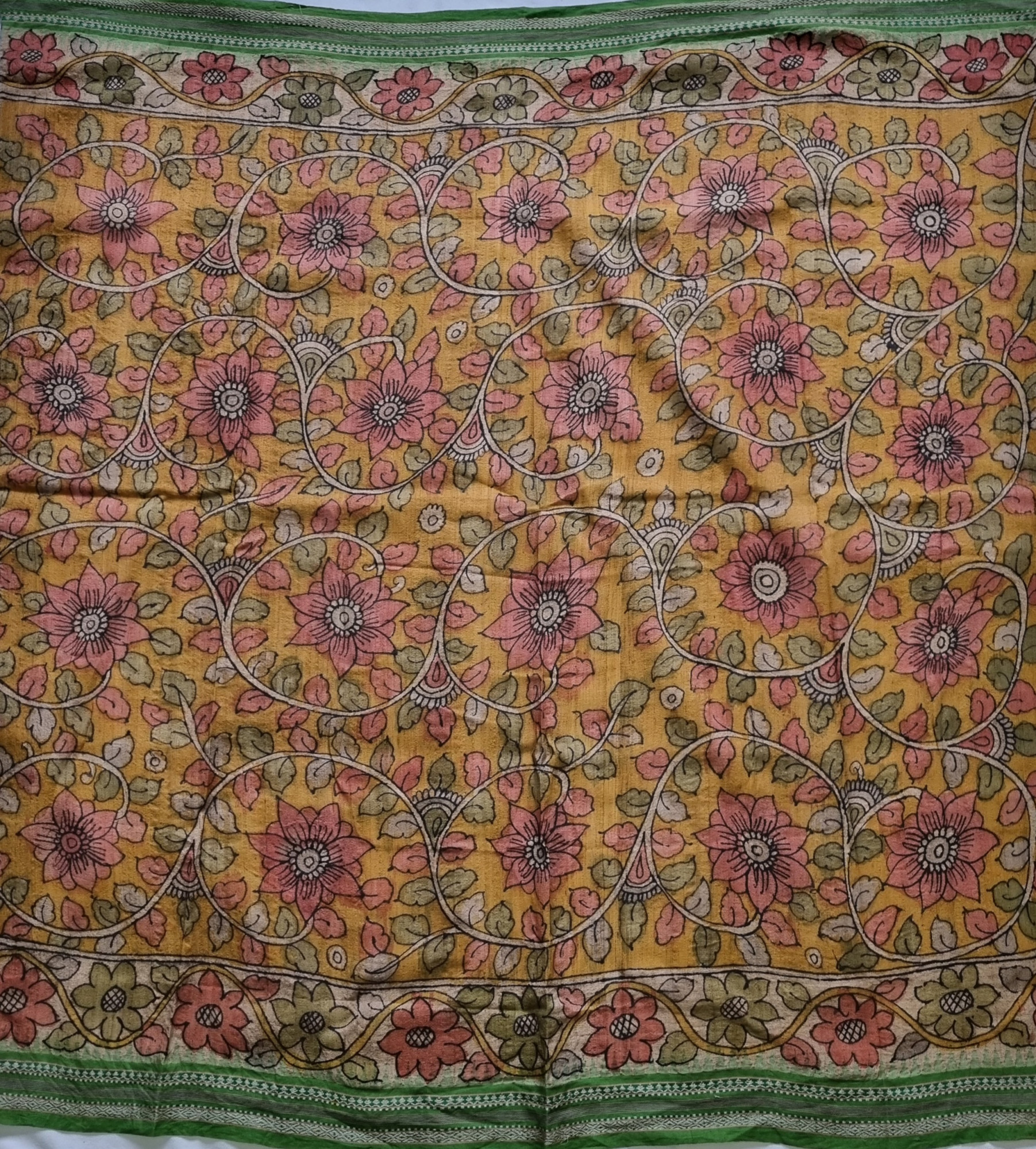 YARDAGE -  Vidarbha tussar Karvati kinar with Kalamkari Mustard