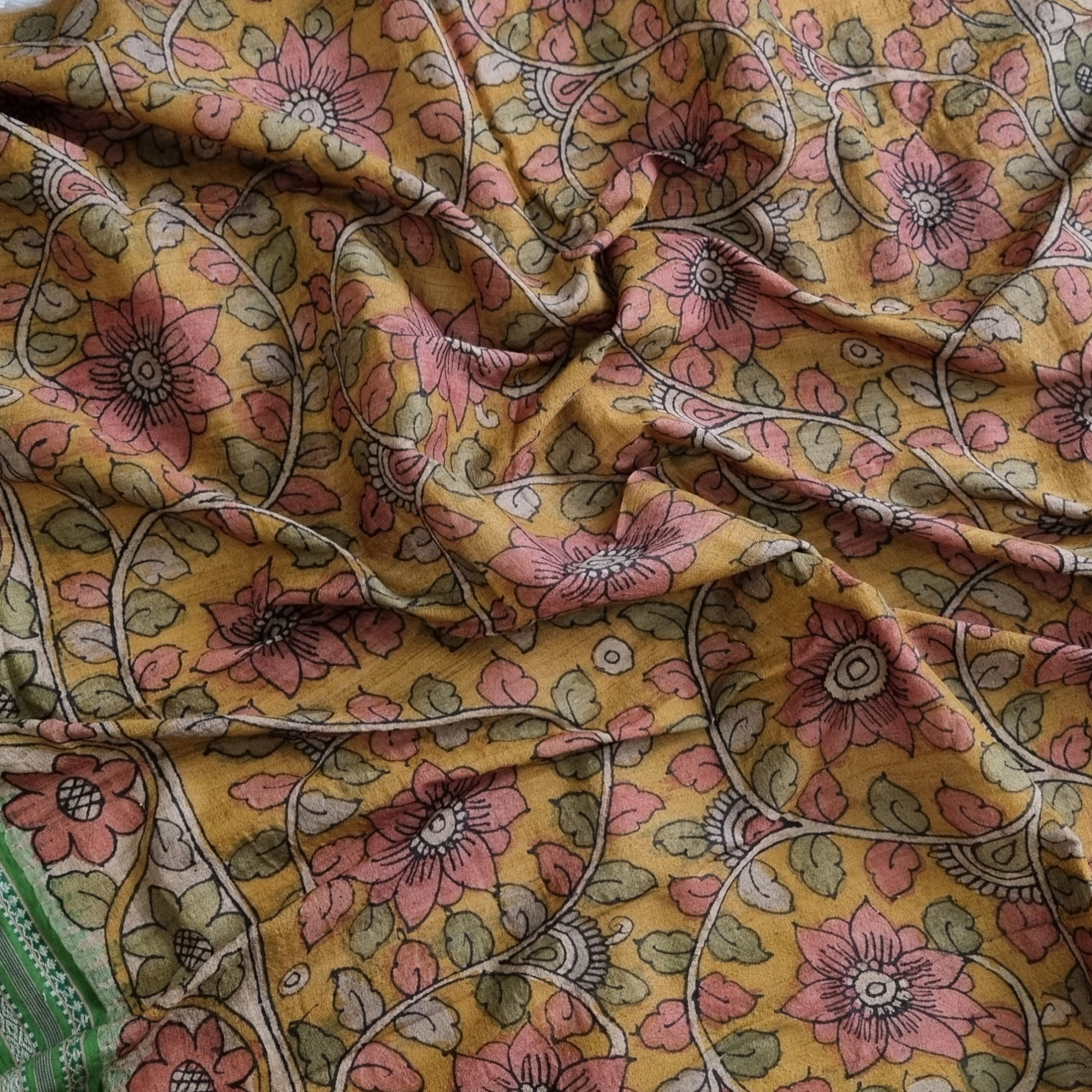 YARDAGE -  Vidarbha tussar Karvati kinar with Kalamkari Mustard