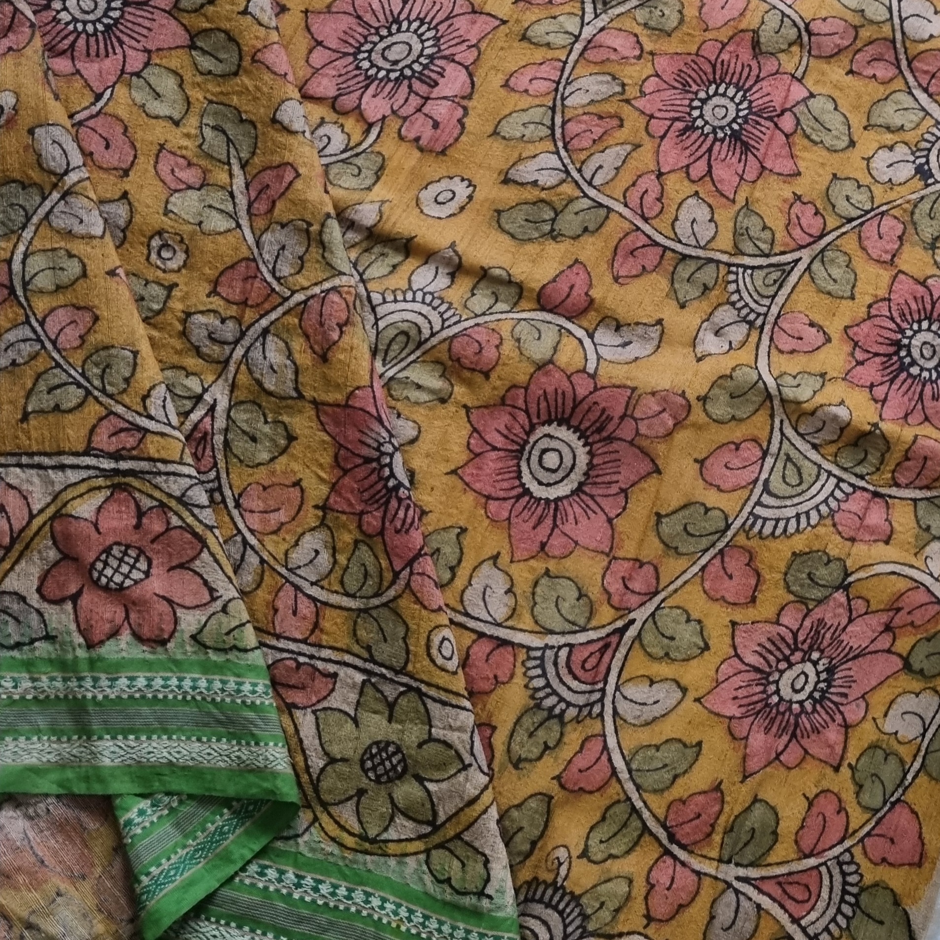 YARDAGE -  Vidarbha tussar Karvati kinar with Kalamkari Mustard