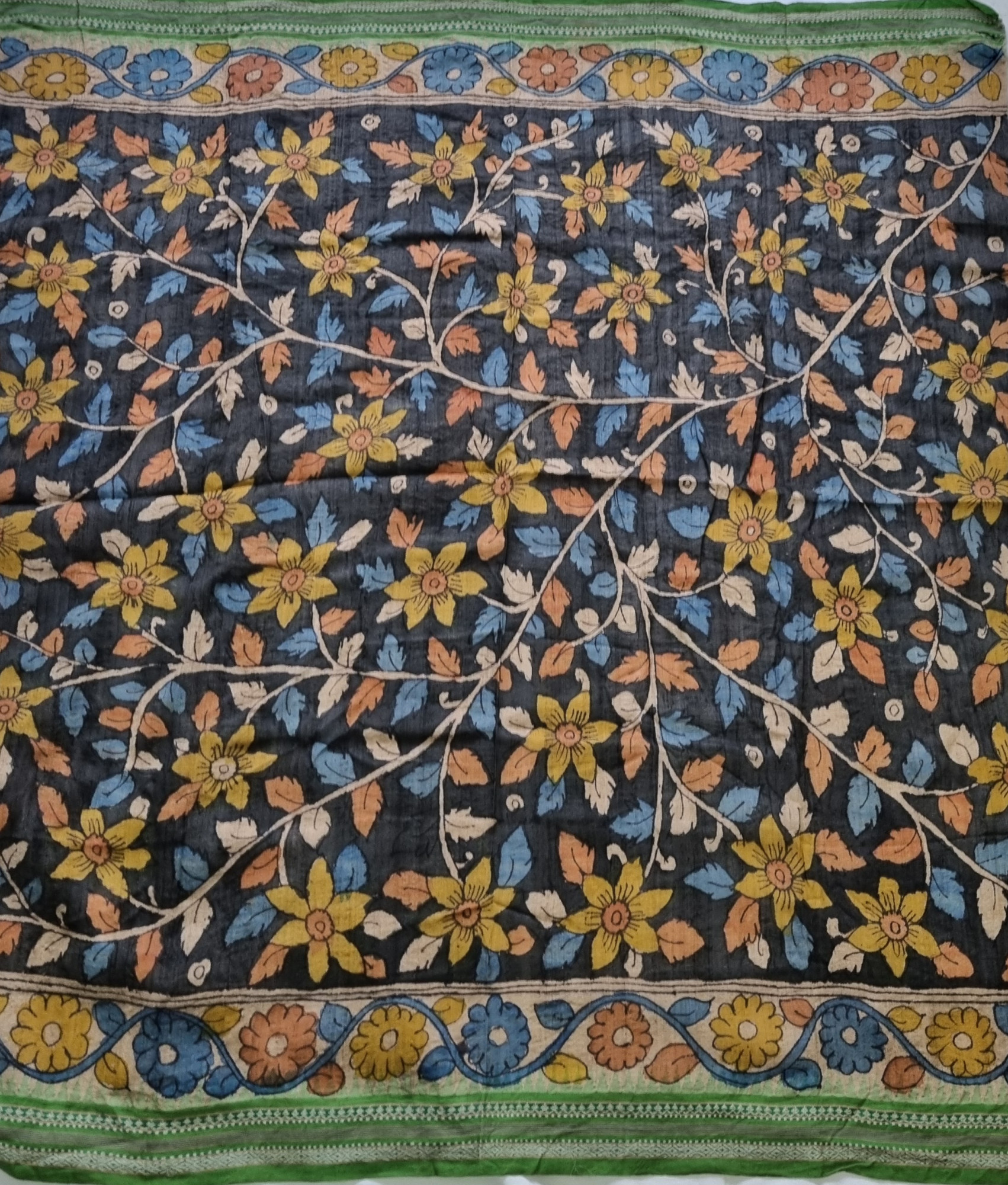 YARDAGE -  Vidarbha tussar Karvati kinar with Kalamkari Black