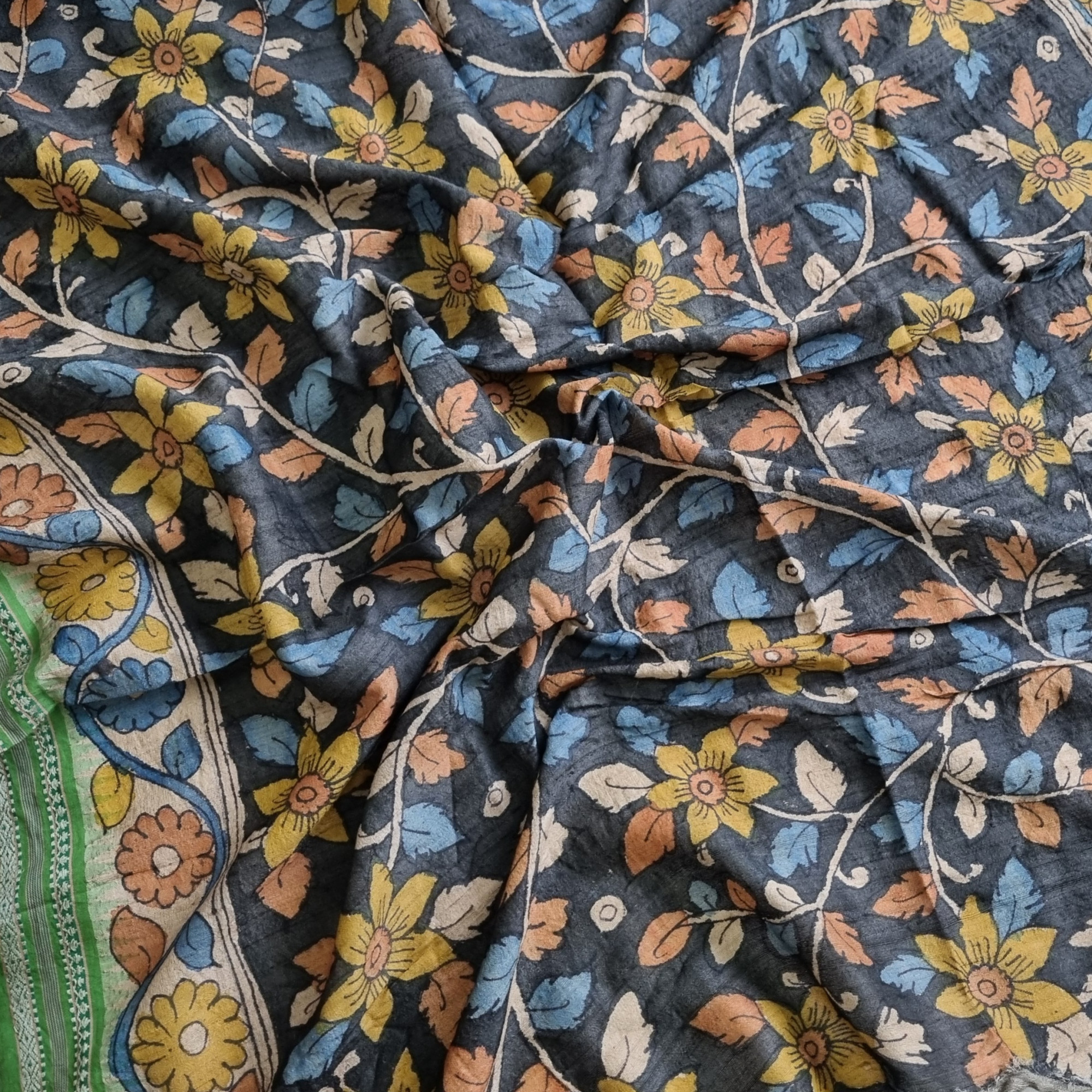 YARDAGE -  Vidarbha tussar Karvati kinar with Kalamkari Black