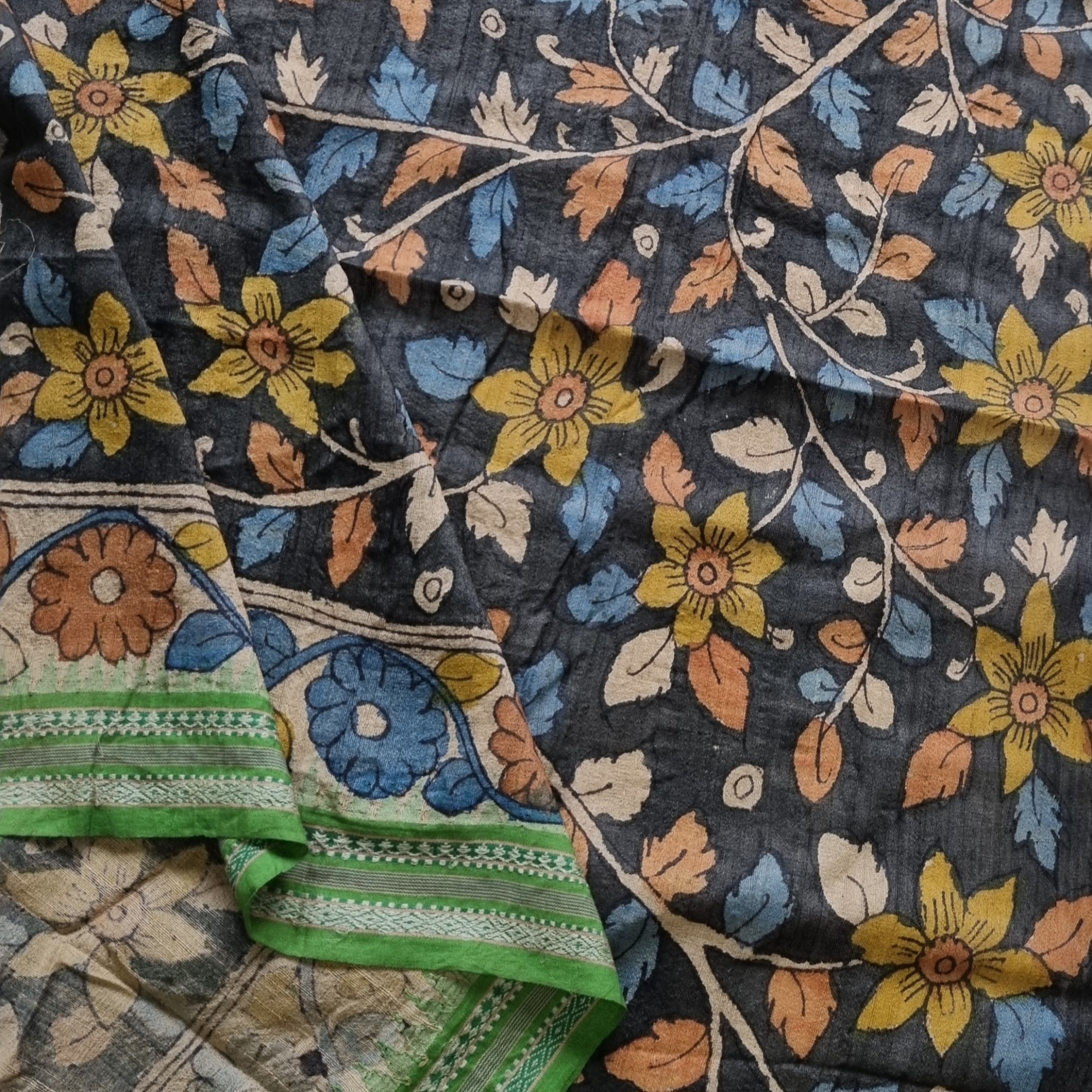 YARDAGE -  Vidarbha tussar Karvati kinar with Kalamkari Black