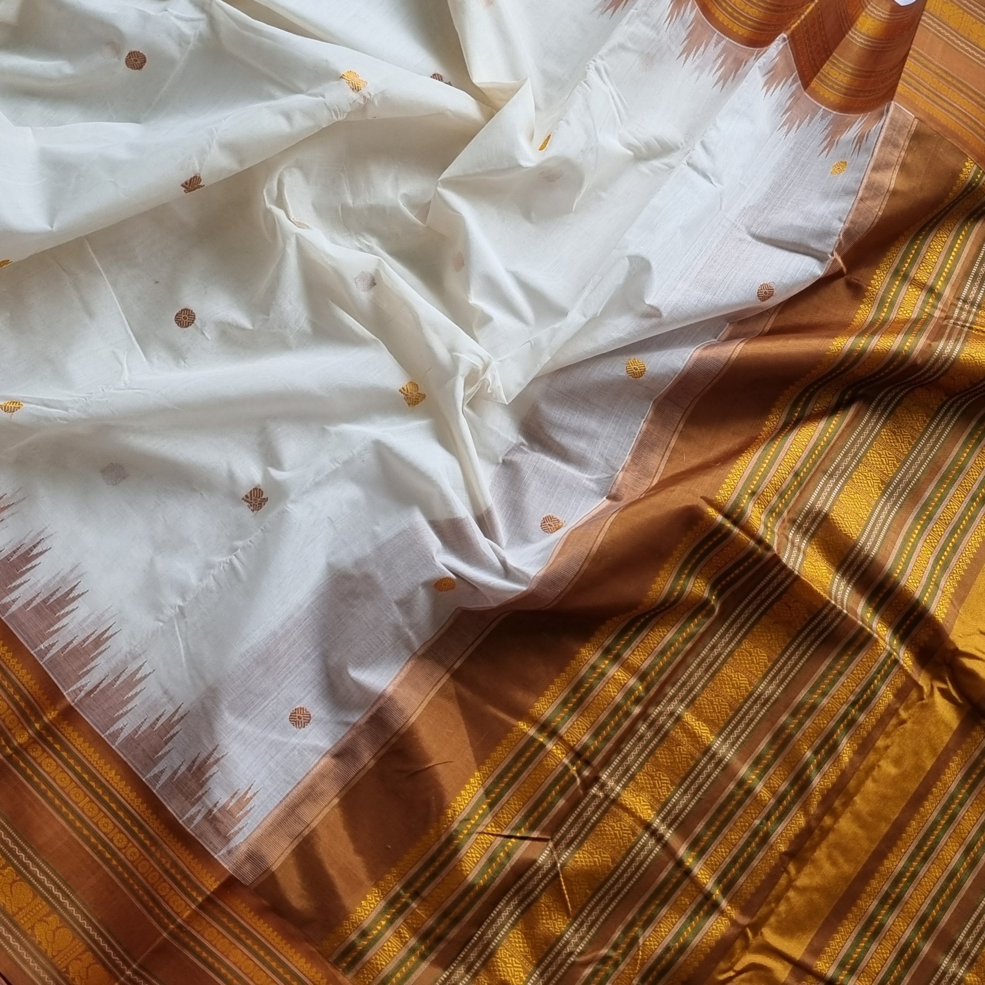 Kanchi Cotton body offwhite with bronze Korvai Silk Borders