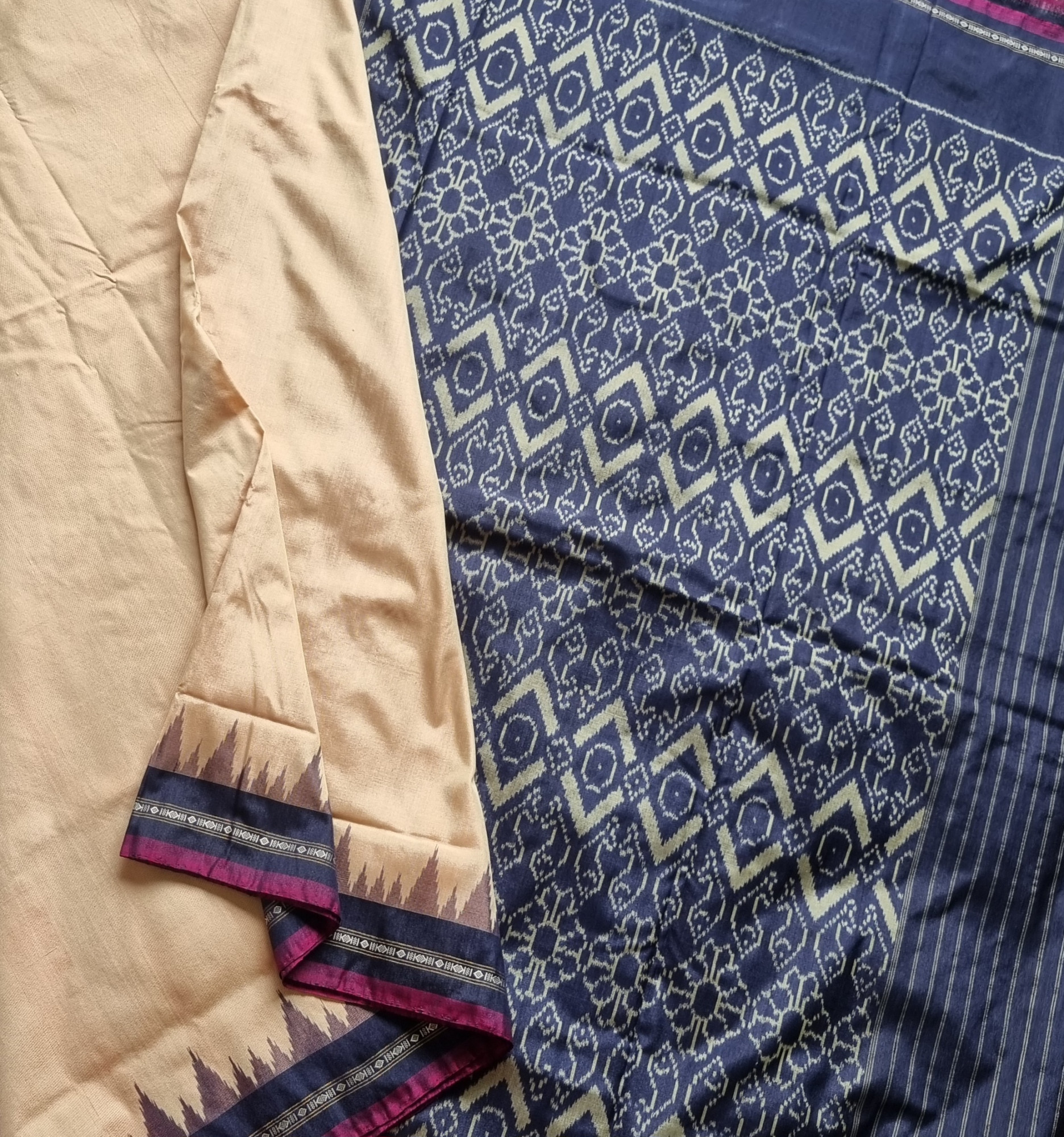 Ikat Tasar Silk beige blue