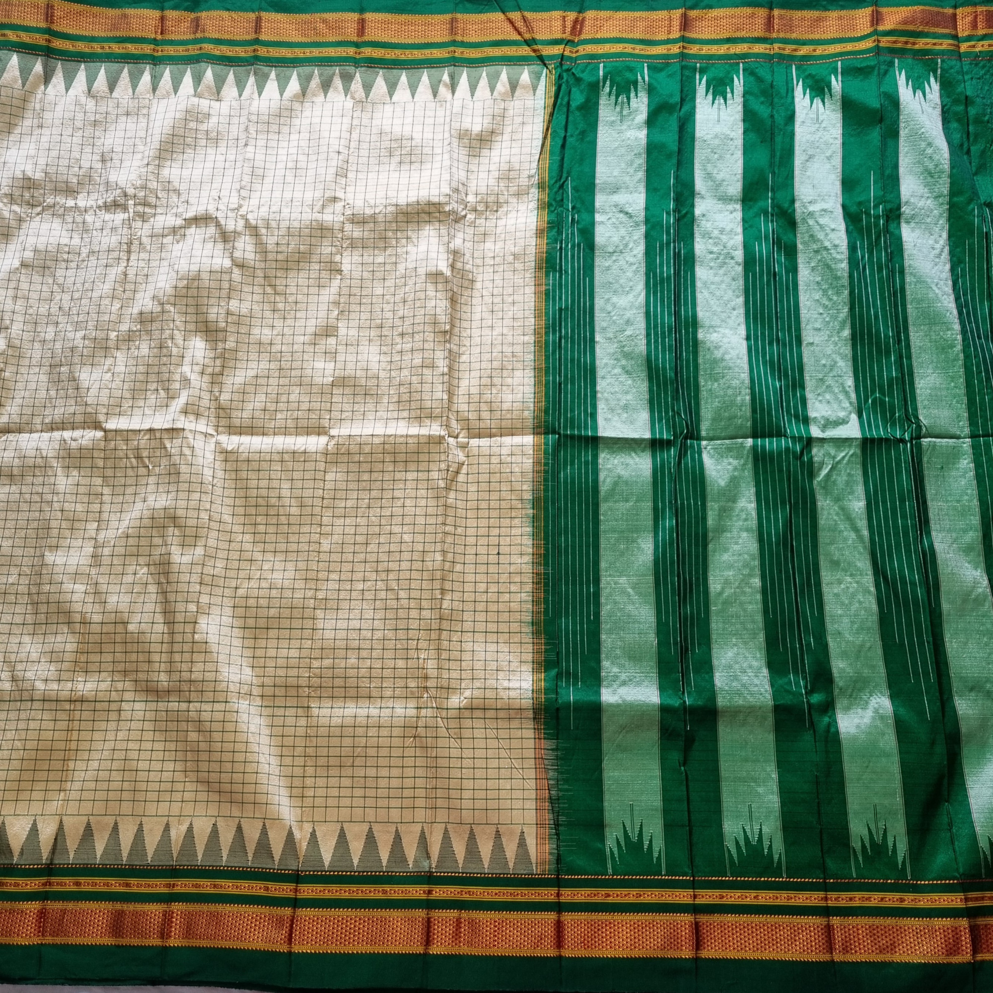 Irkal Silk Saree cream green checked