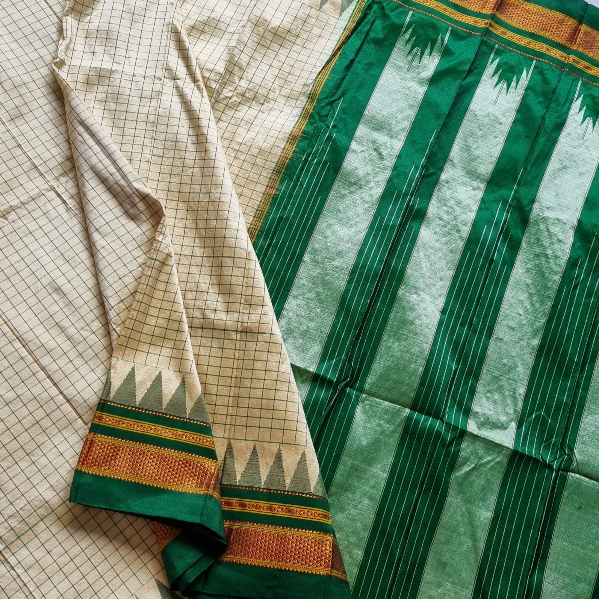 Irkal Silk Saree cream green checked