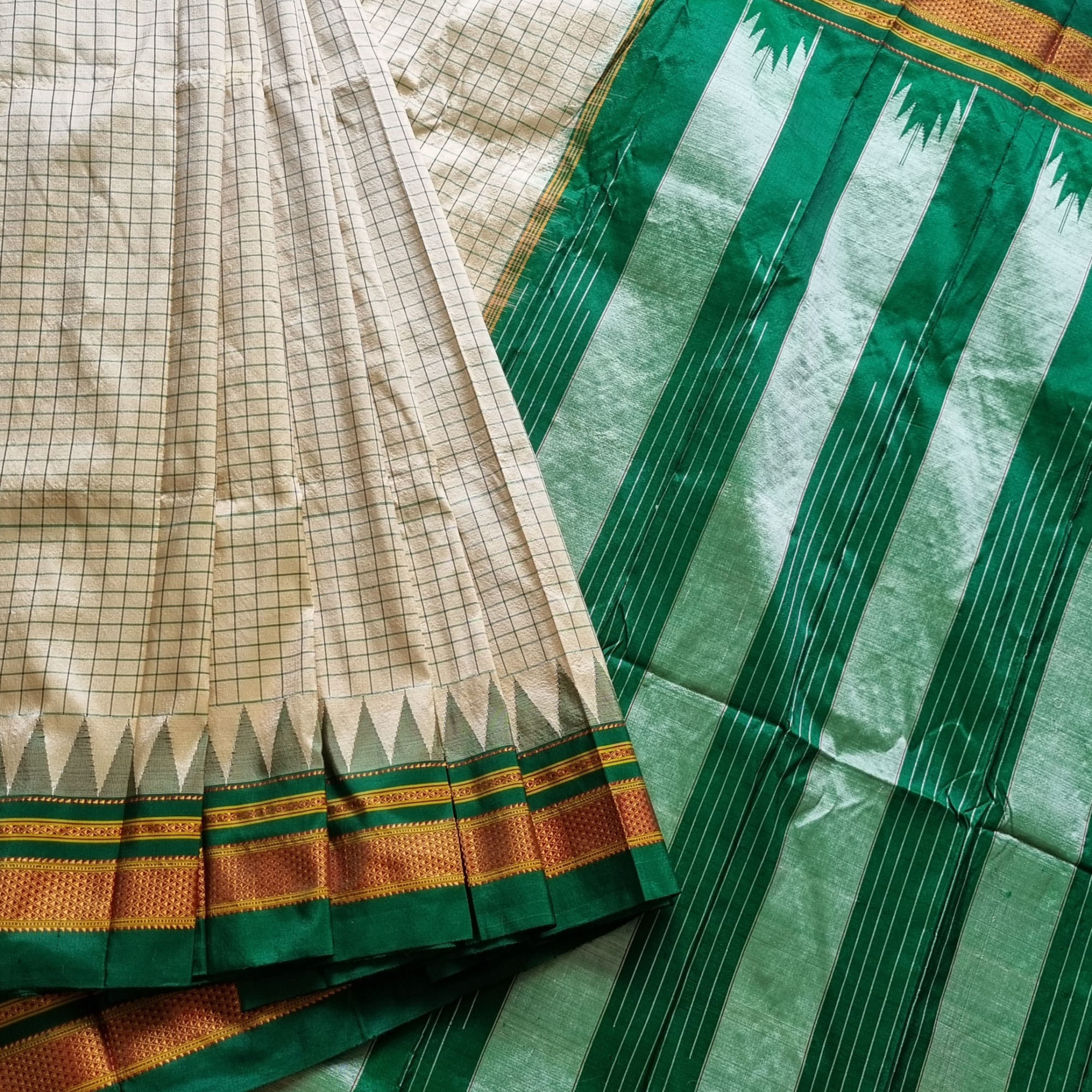 Irkal Silk Saree cream green checked