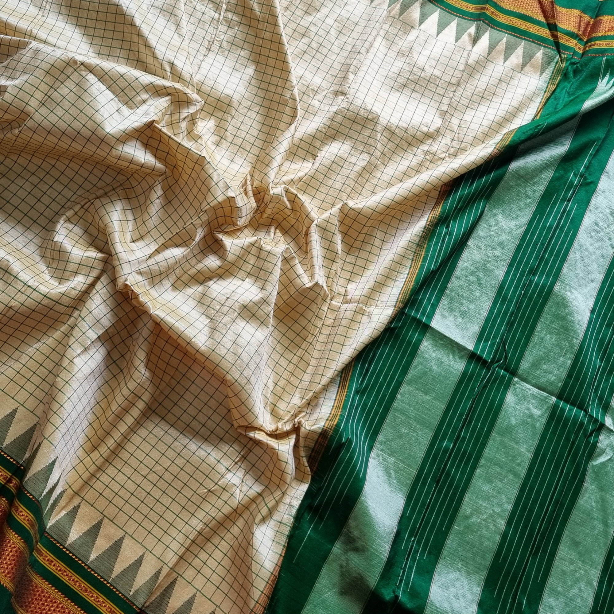Irkal Silk Saree cream green checked