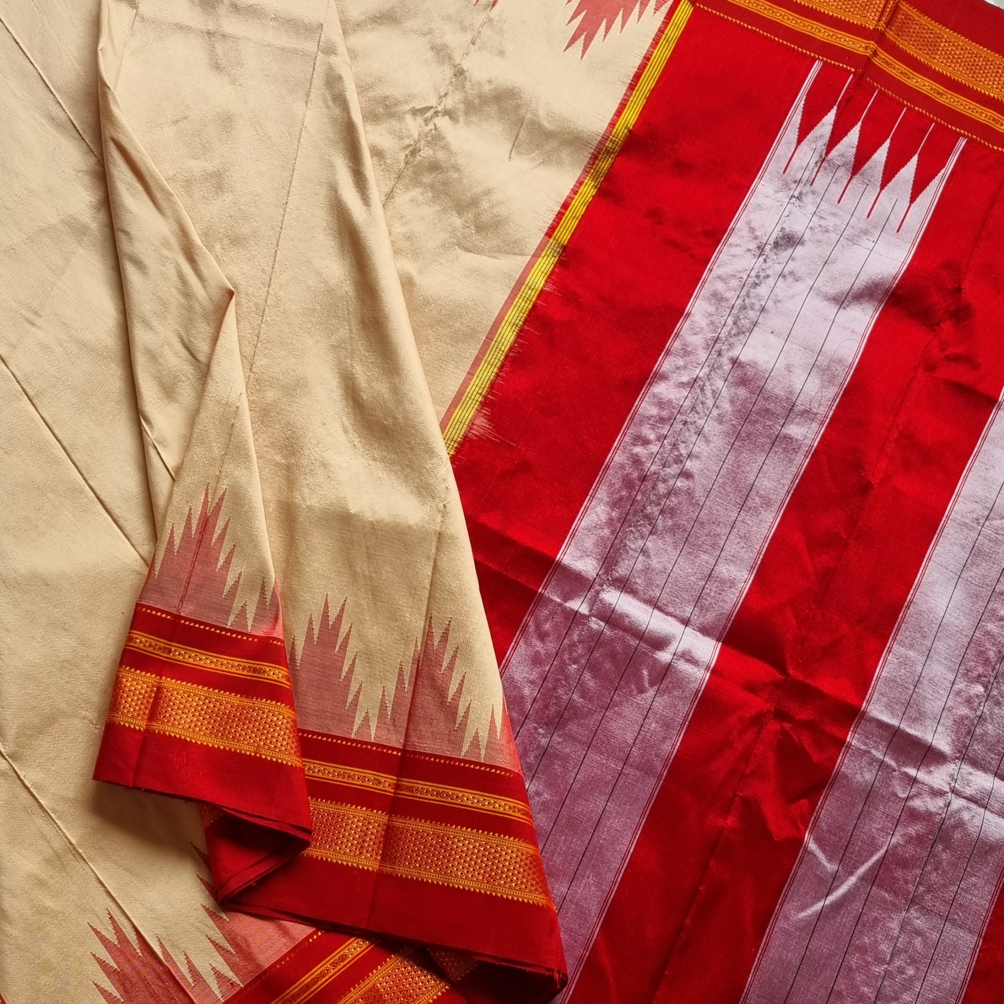 Irkal Silk Saree cream beige and red