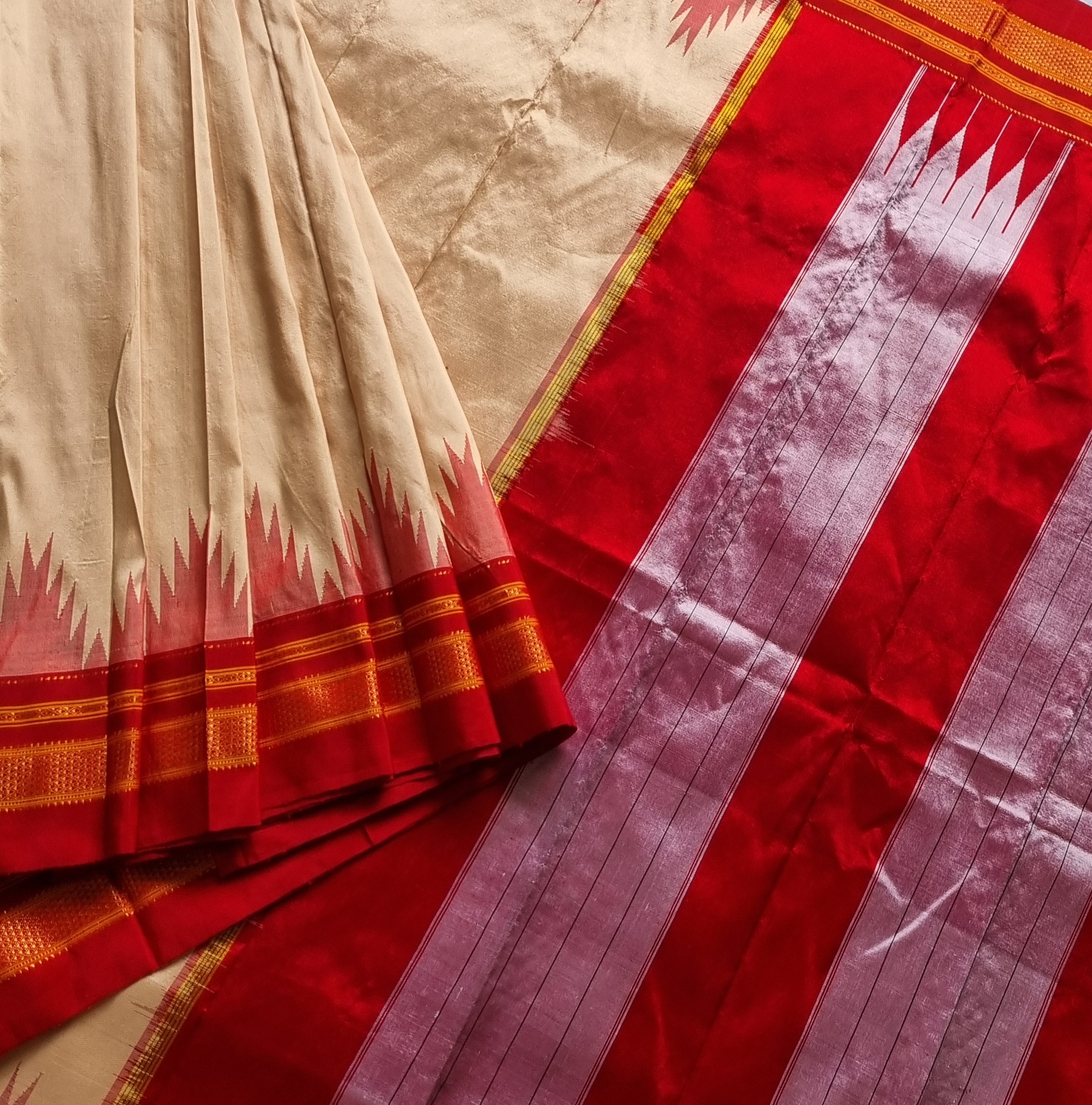 Irkal Silk Saree cream beige and red