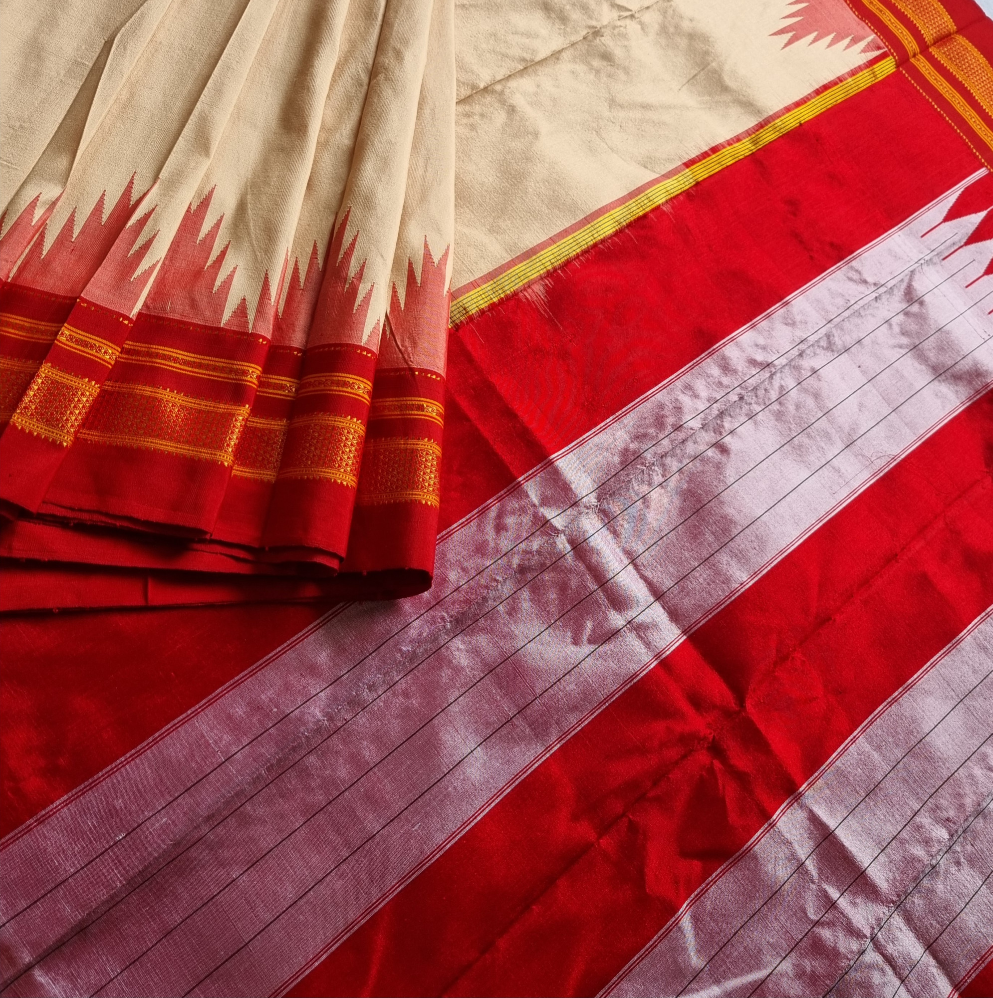 Irkal Silk Saree cream beige and red