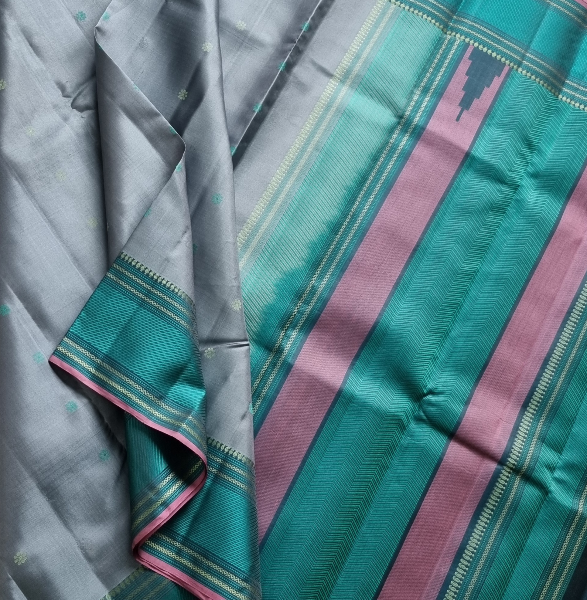 Kanjivaram Silk Pastel steel blue threadwork