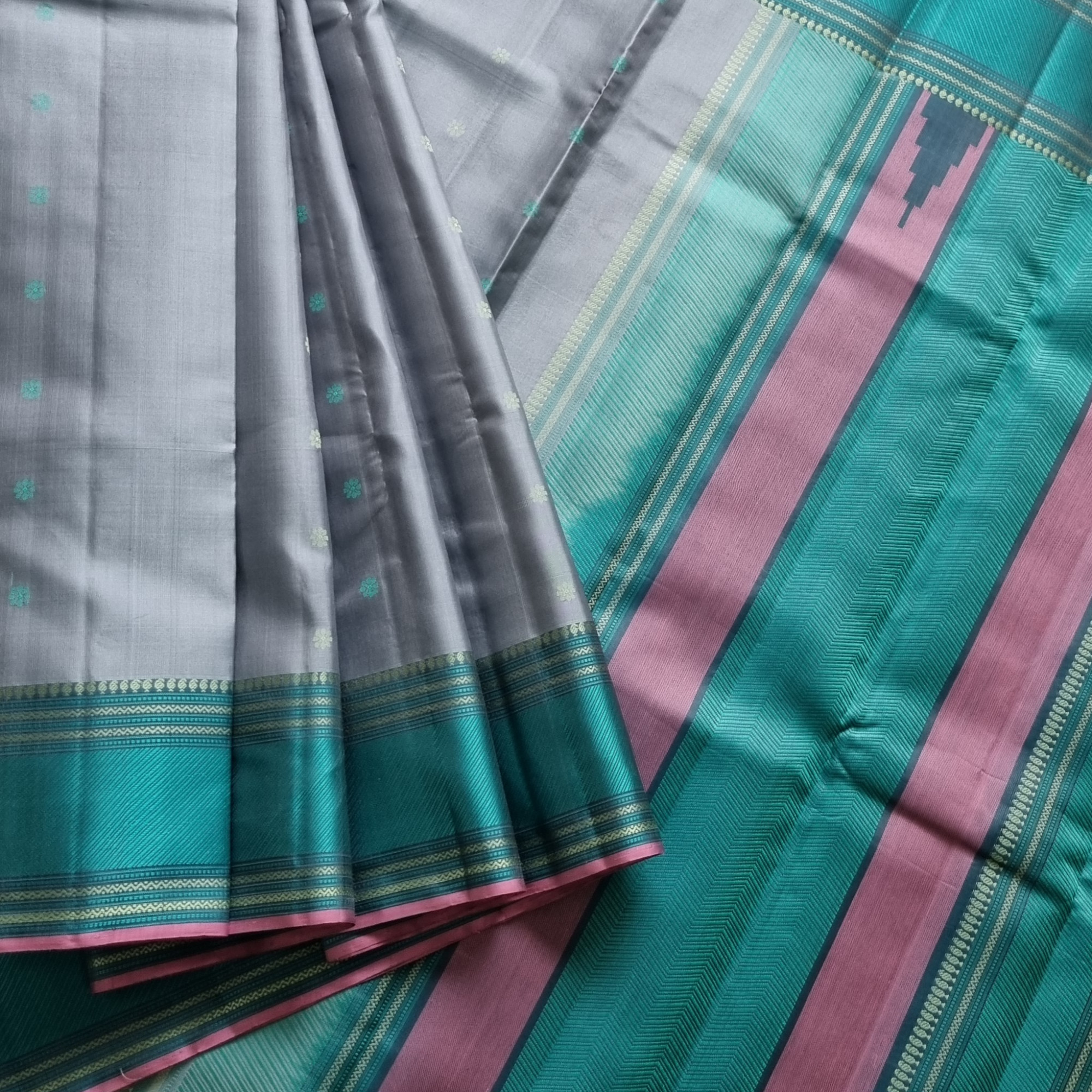 Kanjivaram Silk Pastel steel blue threadwork