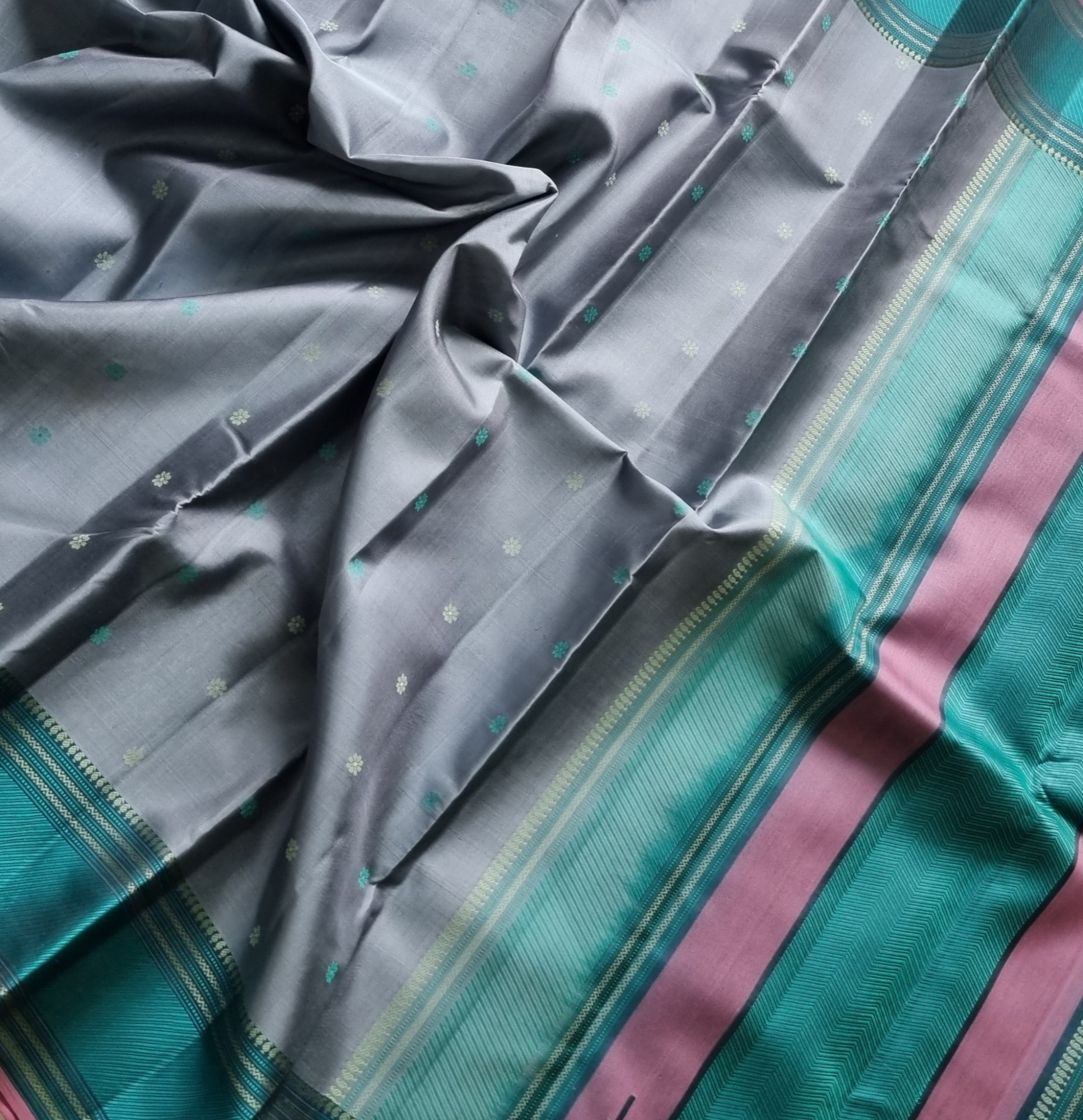 Kanjivaram Silk Pastel steel blue threadwork