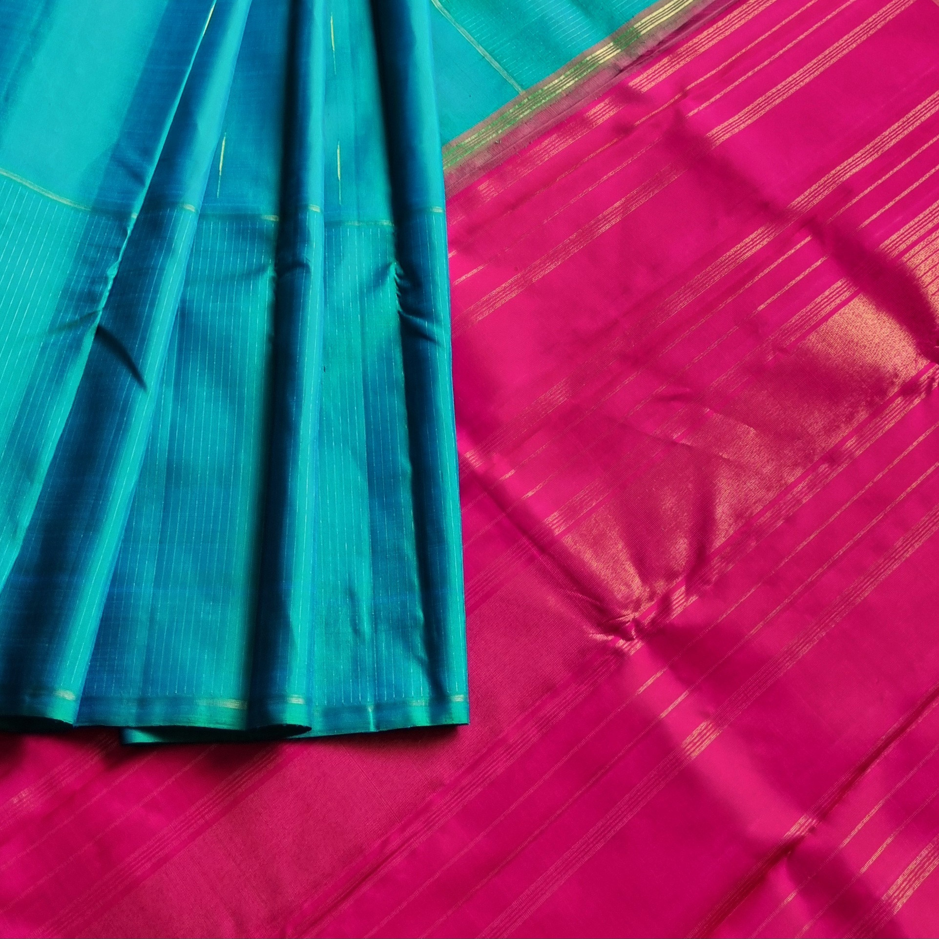Kanjivaram Silk Rama green with mazhai thuli and zari stripes