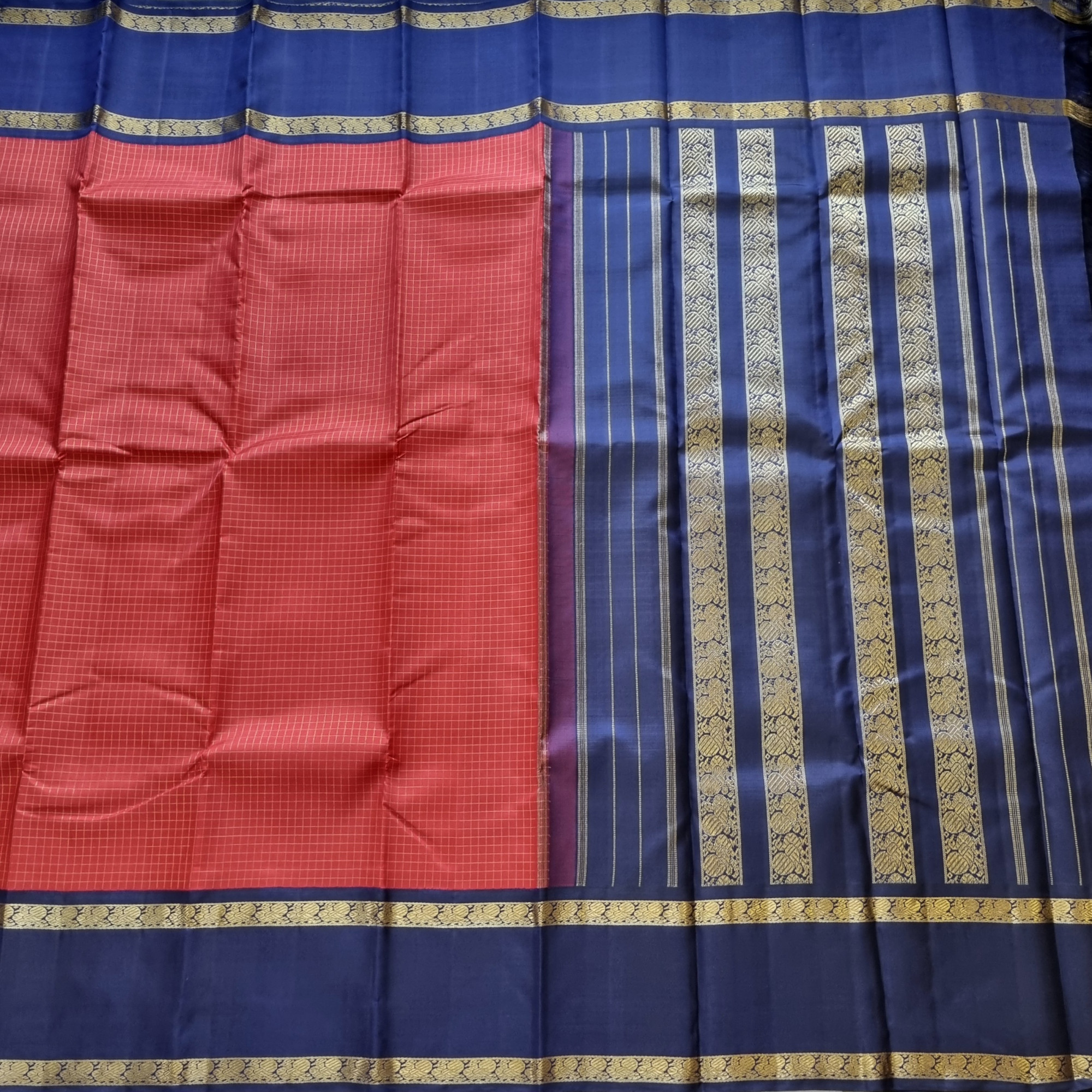 Kanjivaram Silk red zari checks