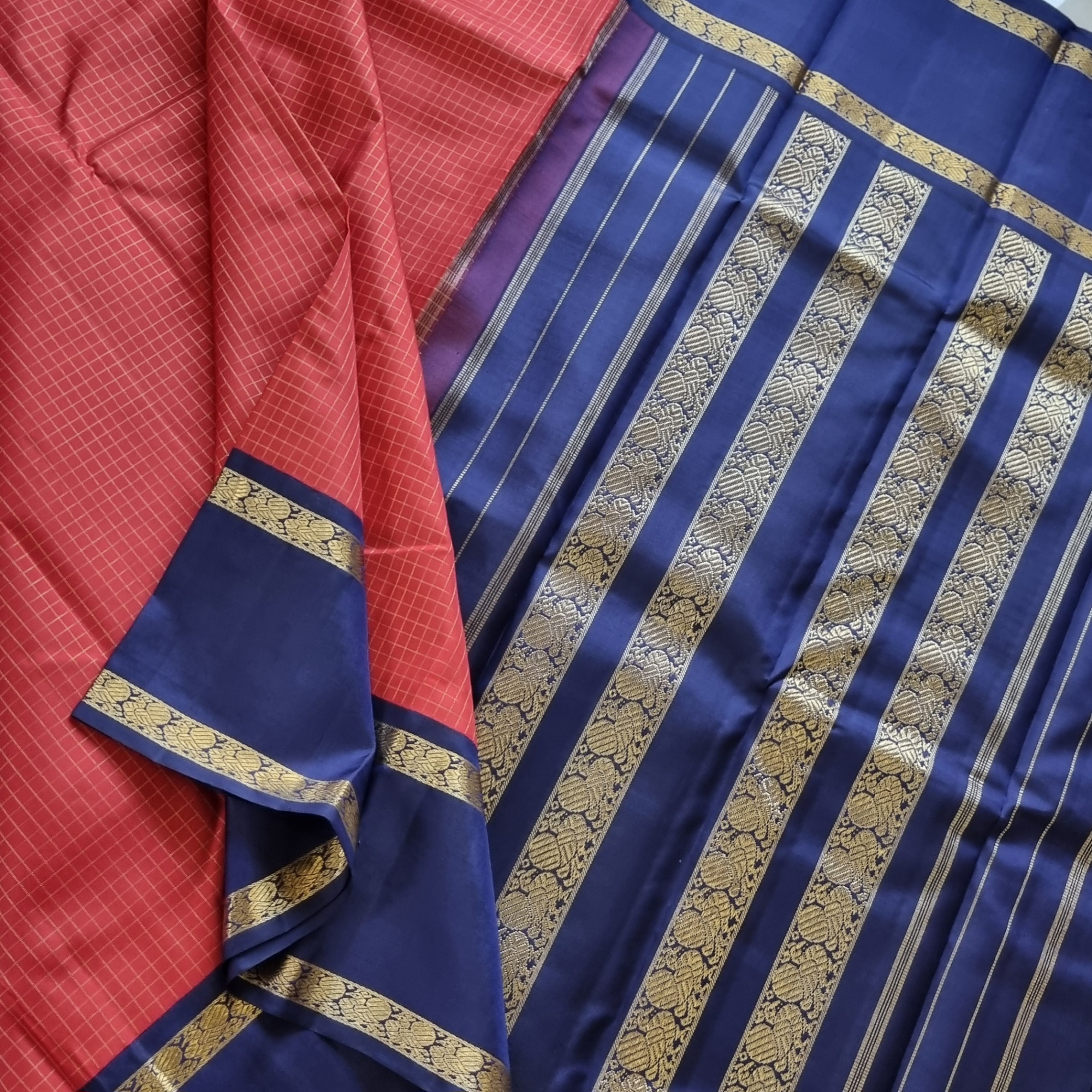 Kanjivaram Silk red zari checks