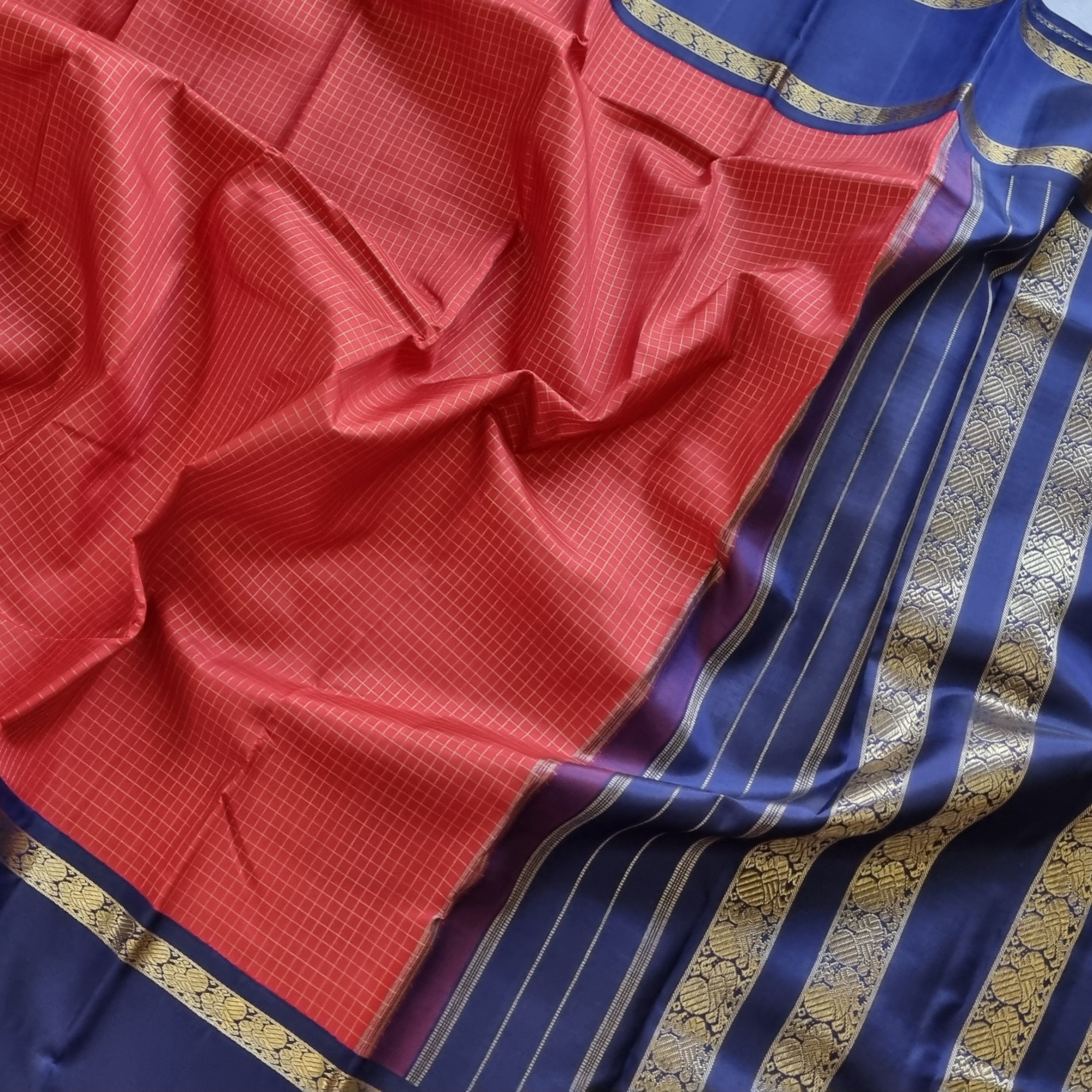 Kanjivaram Silk red zari checks