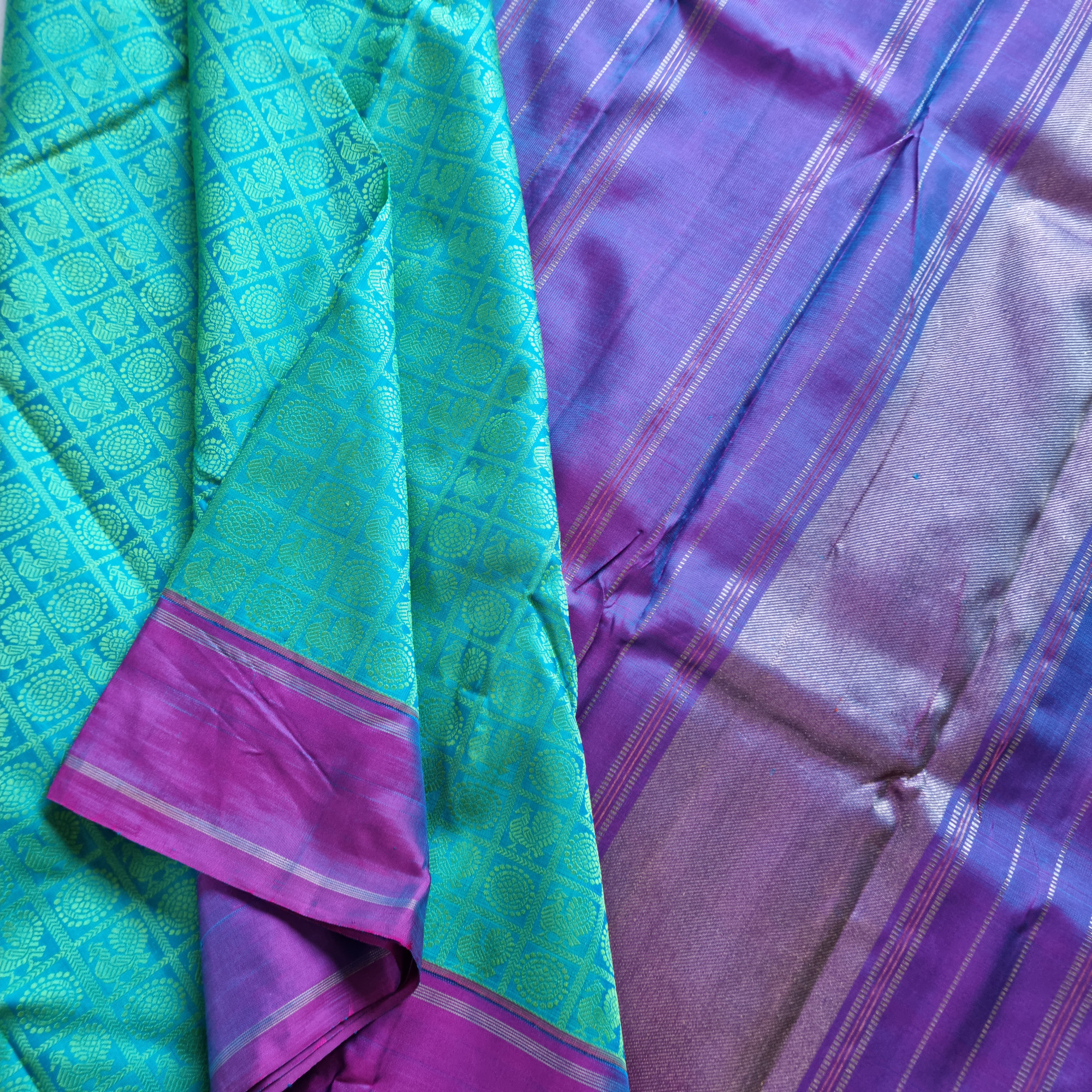 Kanjivaram Silk 1000 buttas Mayil Chakram turquoise green