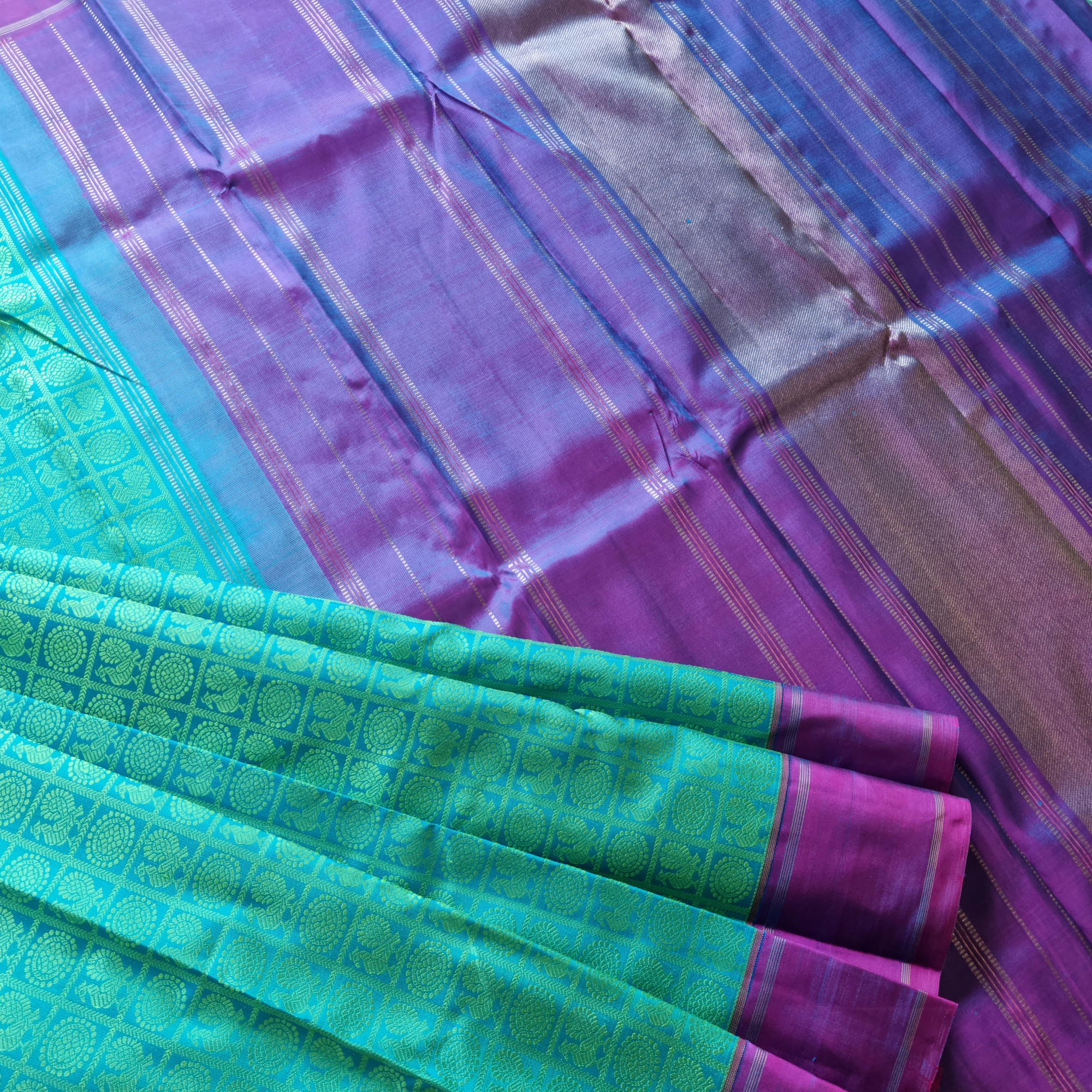Kanjivaram Silk 1000 buttas Mayil Chakram turquoise green