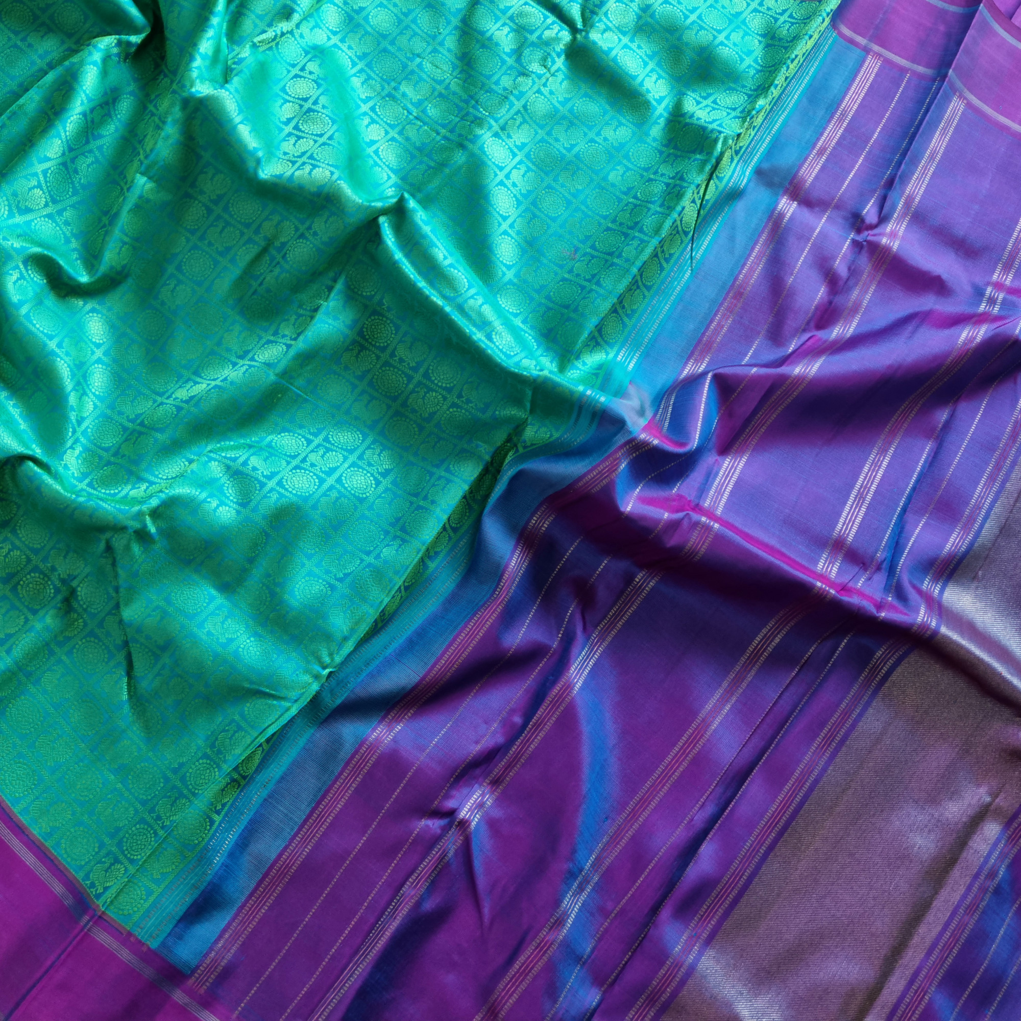 Kanjivaram Silk 1000 buttas Mayil Chakram turquoise green