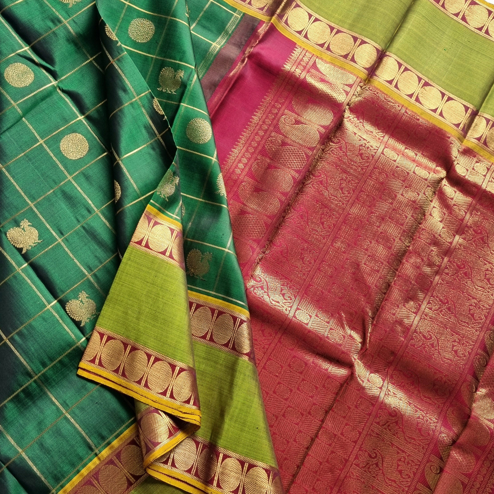 Kanjivaram Silk gorgeous dark green Mayil Chakram