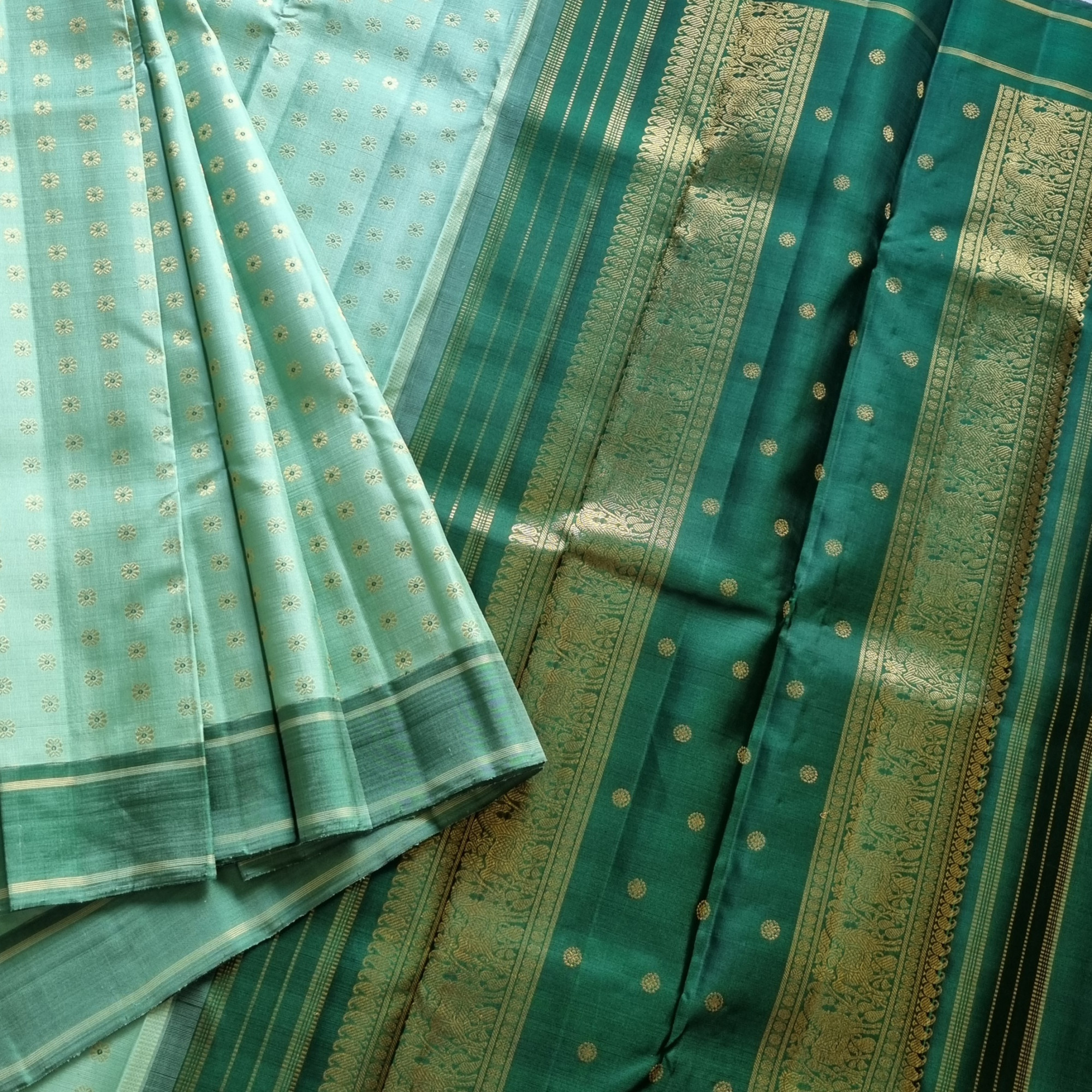 Kanjivaram Silk pastel mint green Meenakari