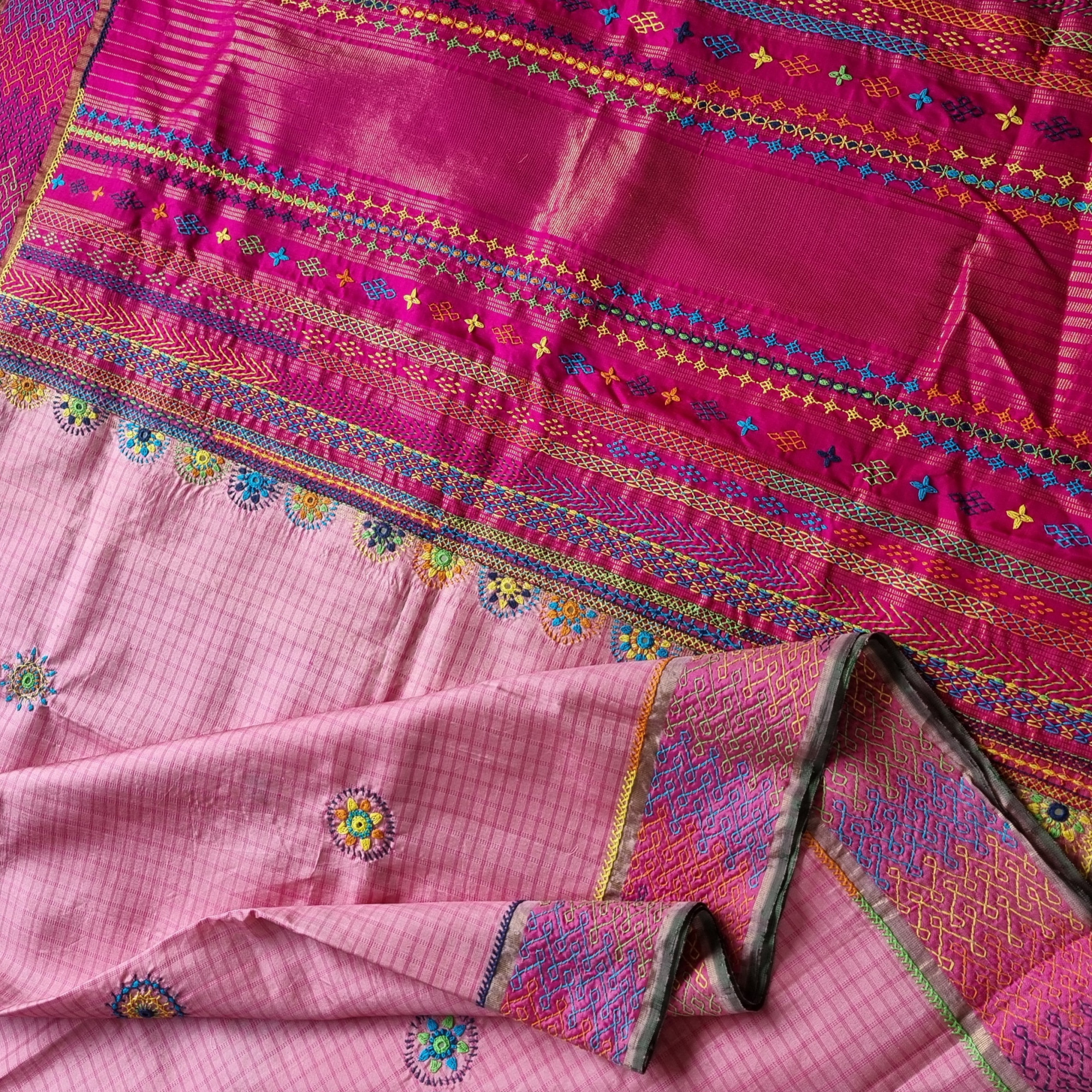 Lambani X Kanjivaram Silk pastel pink checked