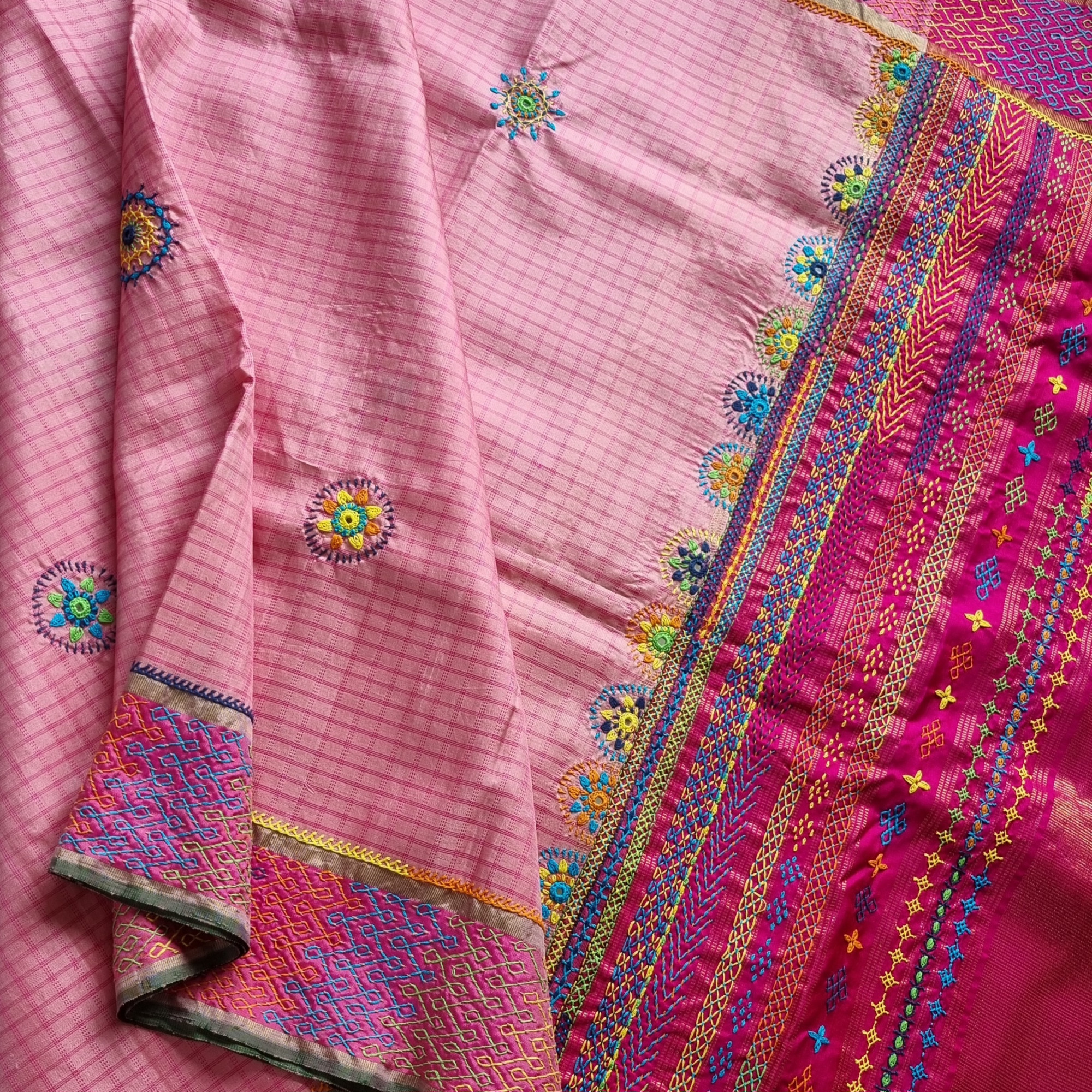 Lambani X Kanjivaram Silk pastel pink checked
