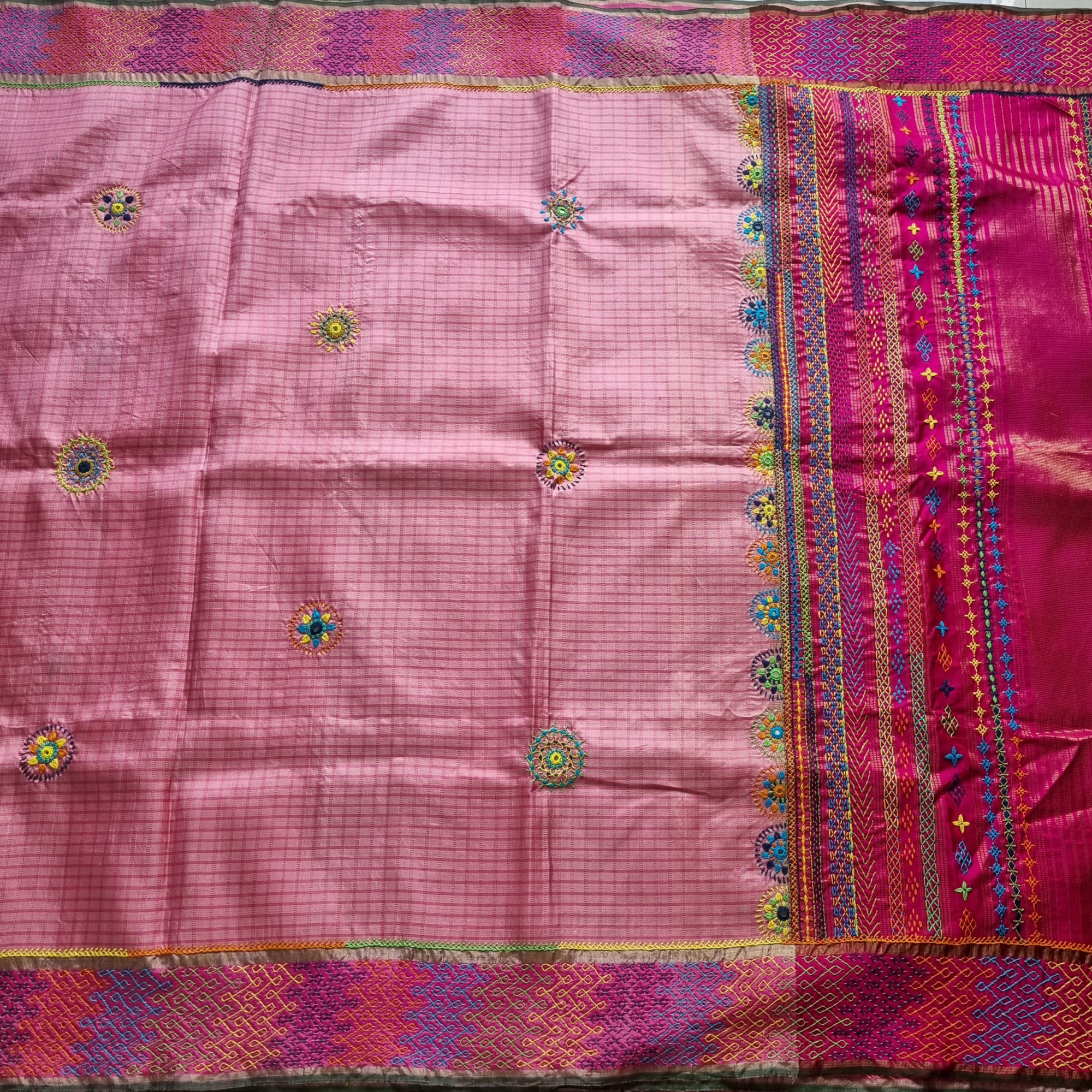 Lambani X Kanjivaram Silk pastel pink checked