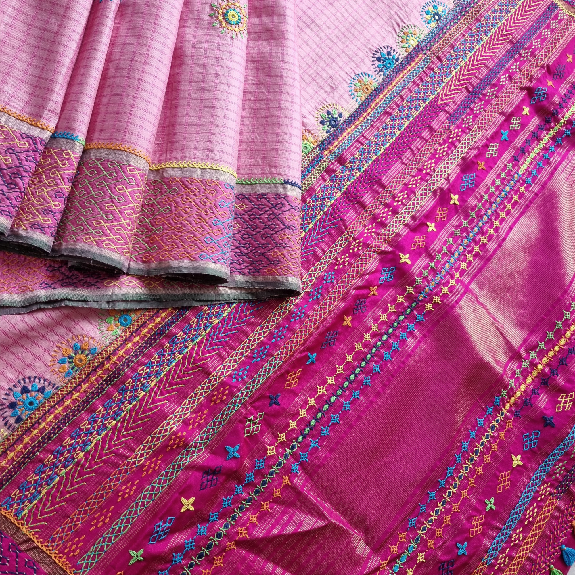 Lambani X Kanjivaram Silk pastel pink checked