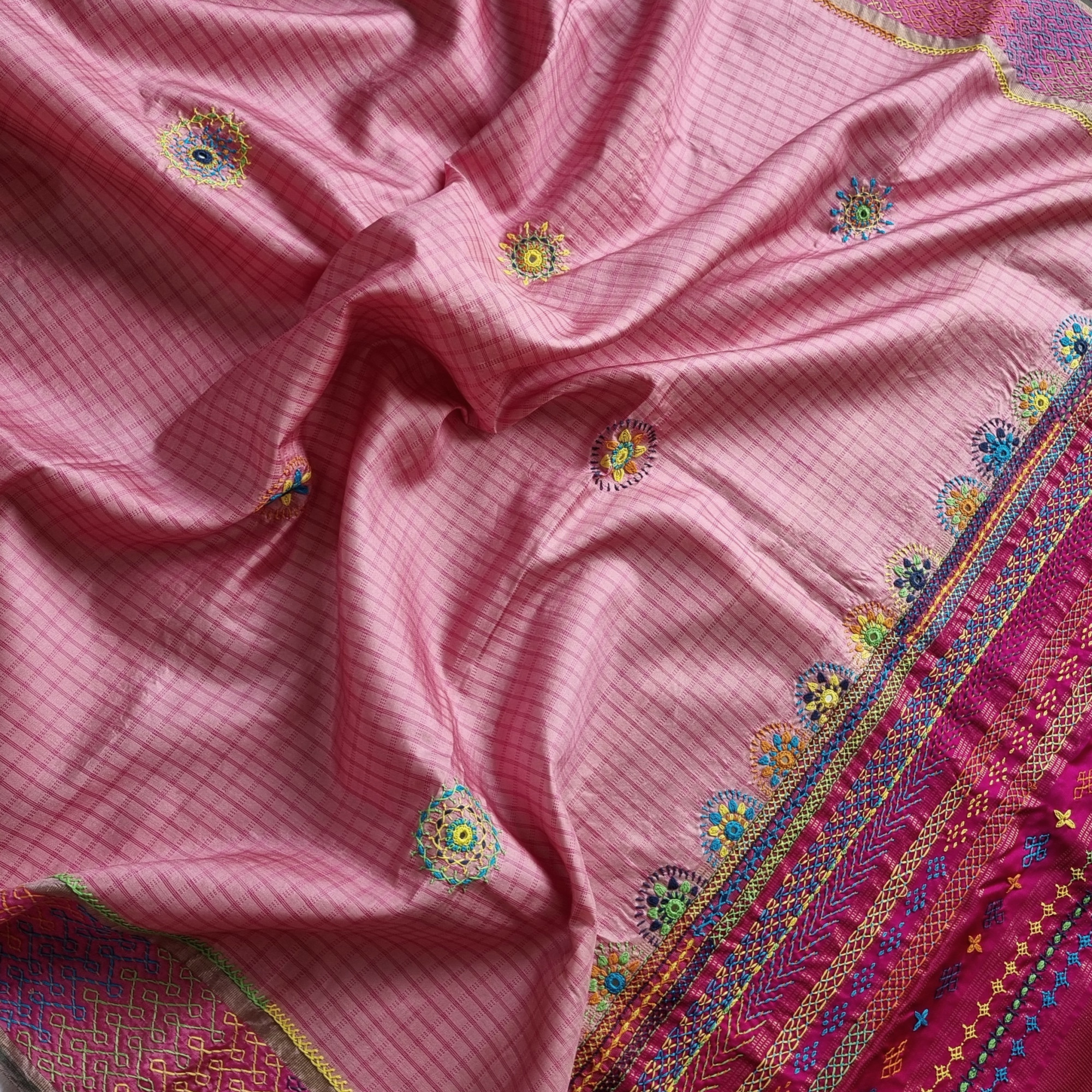 Lambani X Kanjivaram Silk pastel pink checked