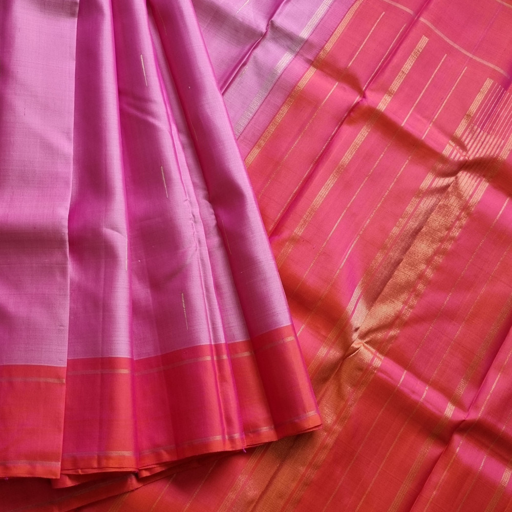 Image of Kanjivaram Silk light pink and shot orange rose
