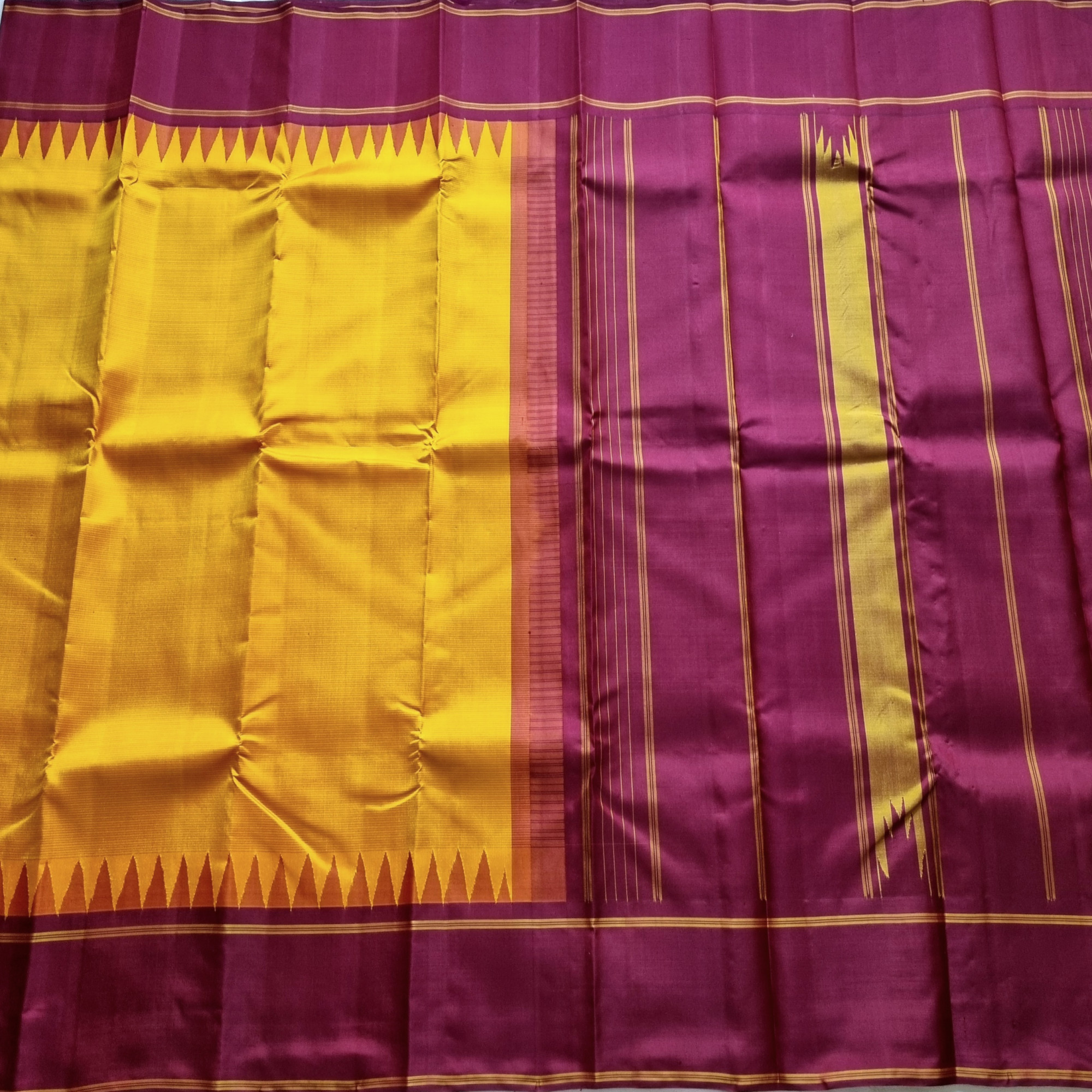 Kanjivaram Silk Korvai yellow stripes