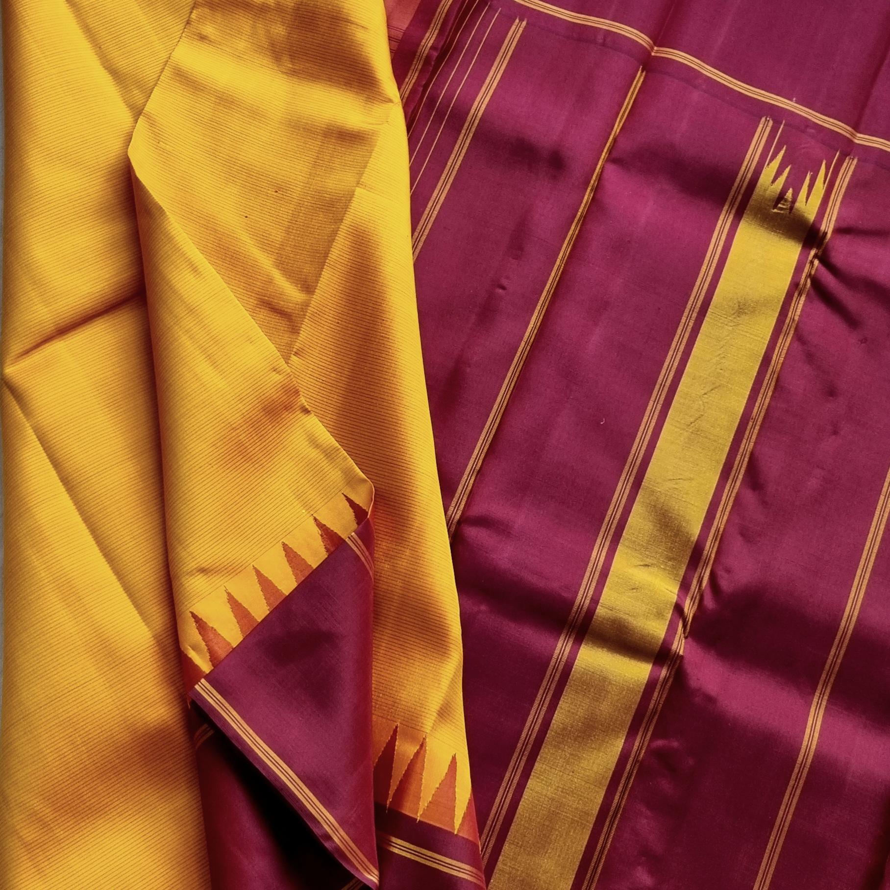 Kanjivaram Silk Korvai yellow stripes