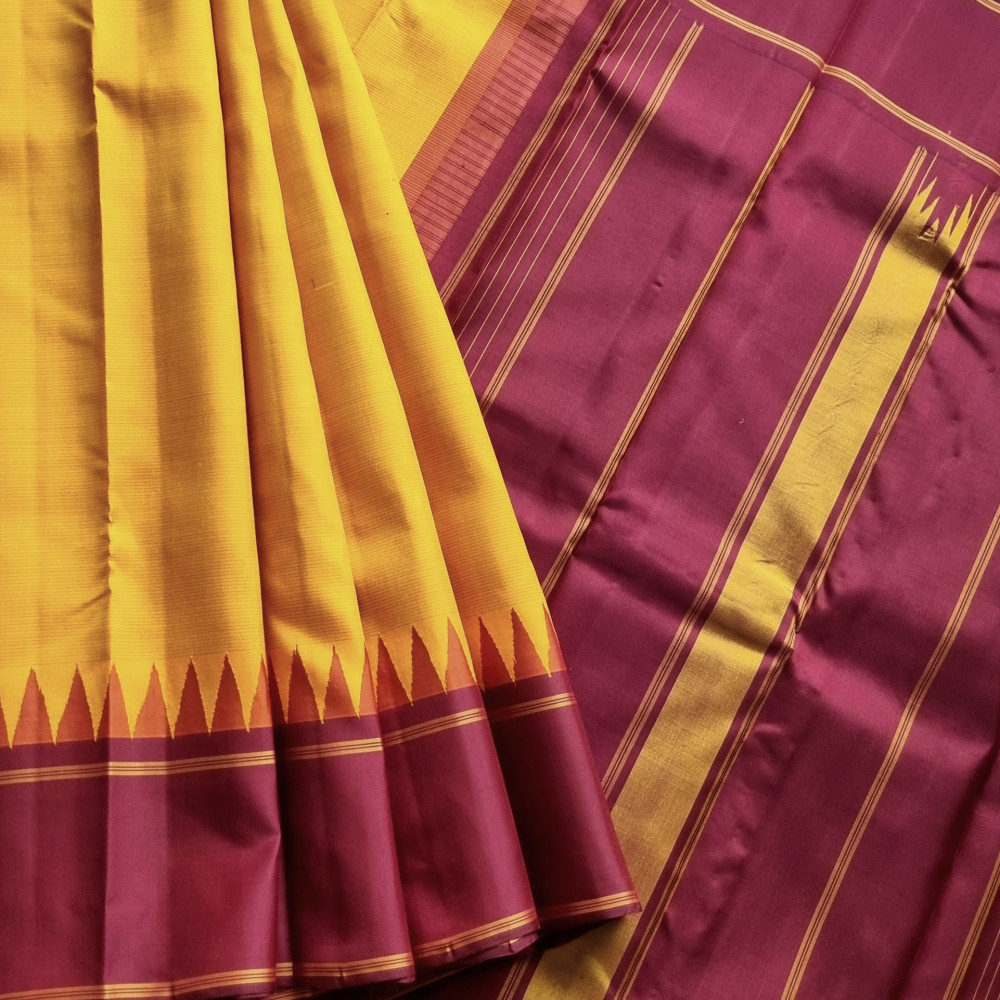 Image of Kanjivaram Silk Korvai yellow stripes
