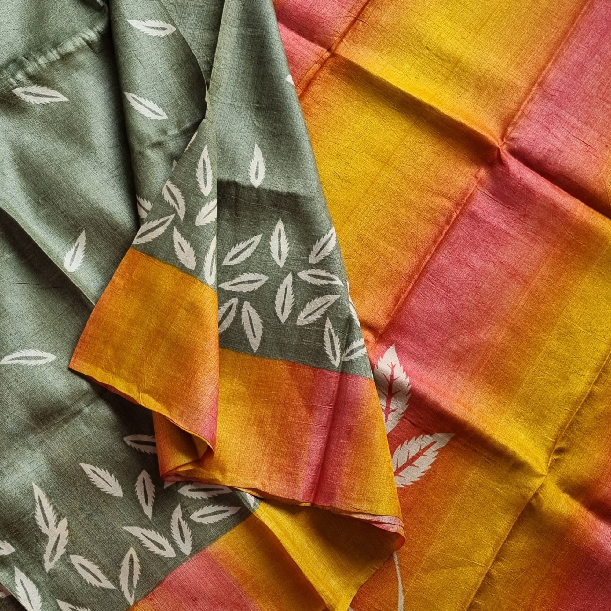 Tussar block printed sage green