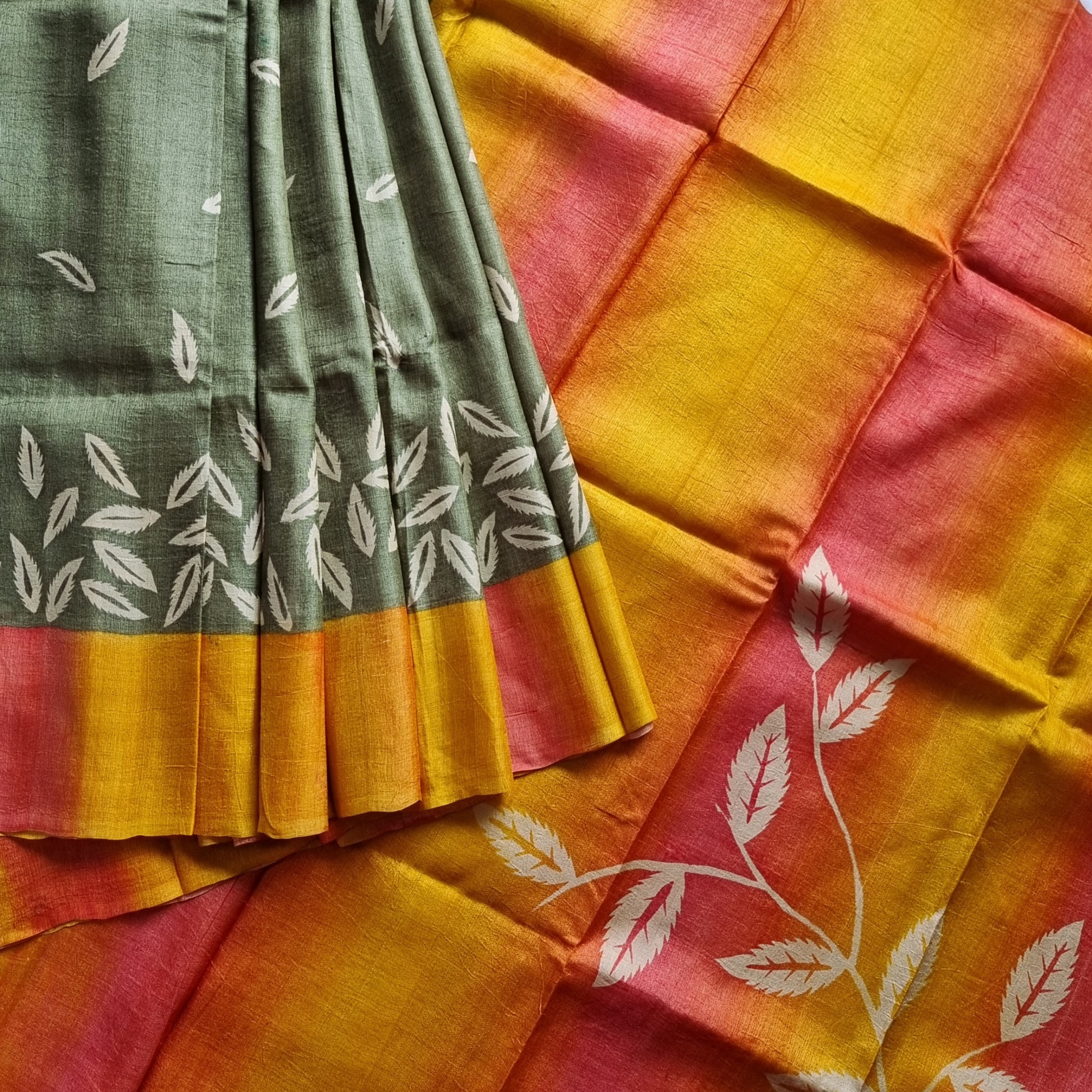 Tussar block printed sage green