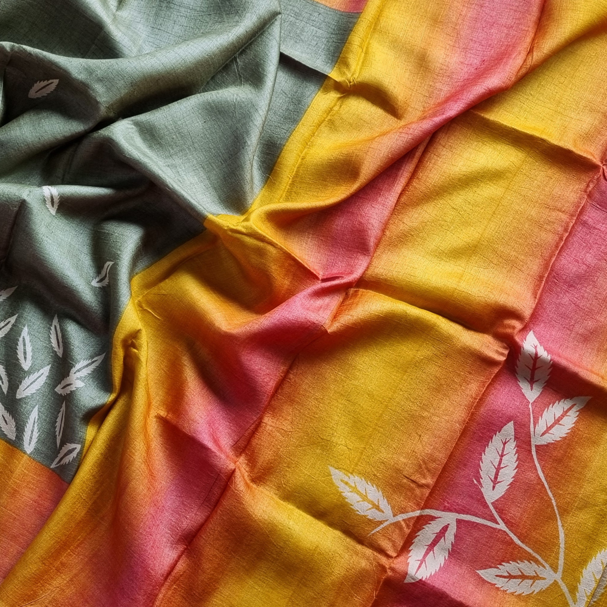 Tussar block printed sage green