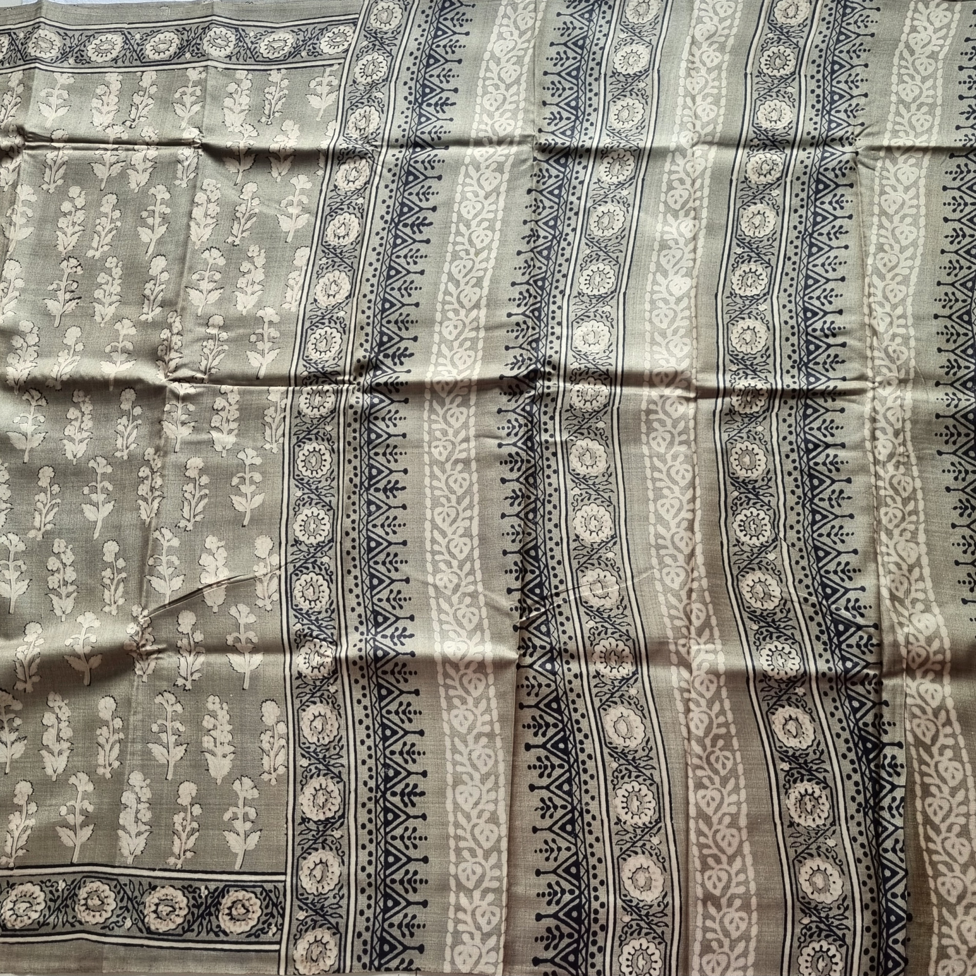 Tussar block print grey floral