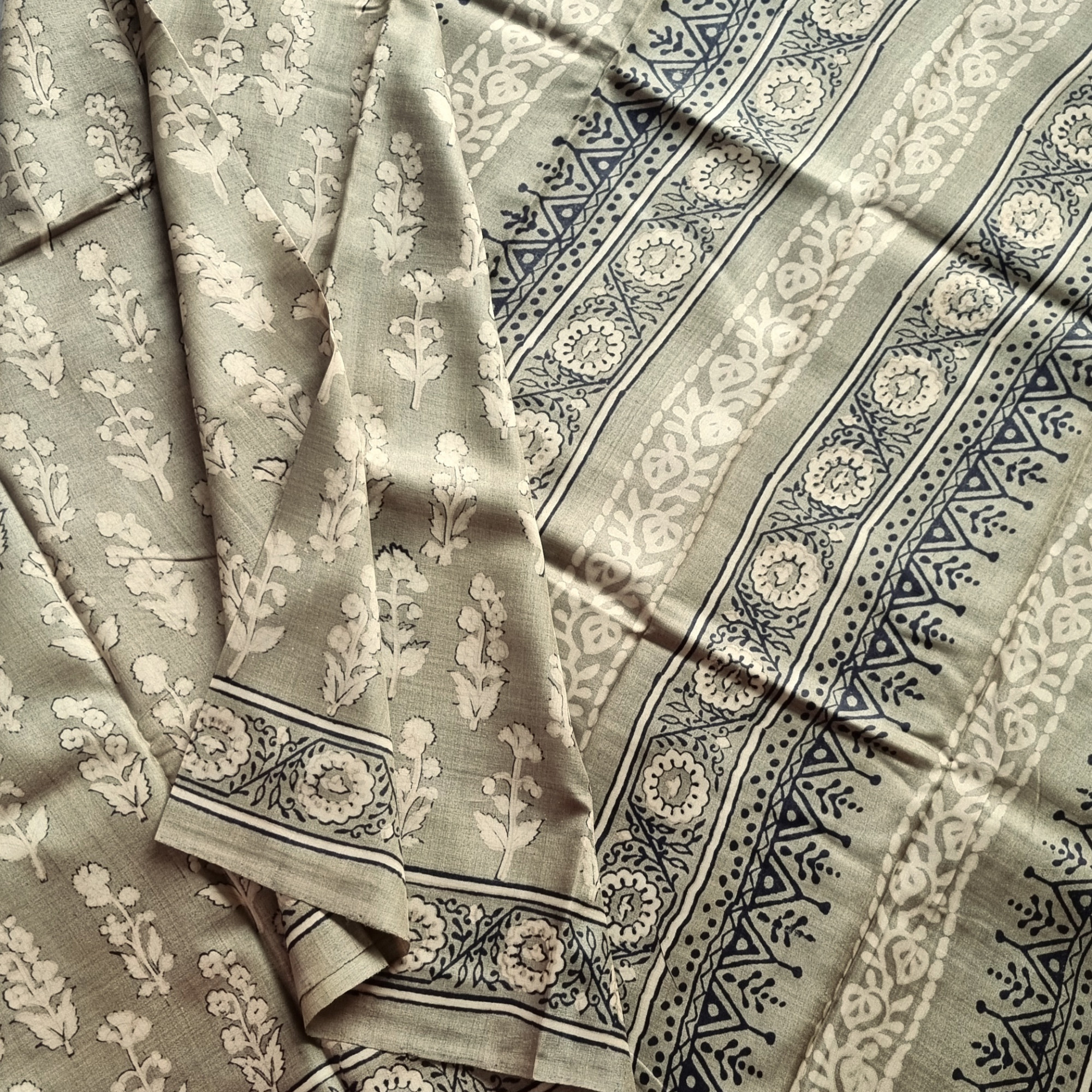 Tussar block print grey floral