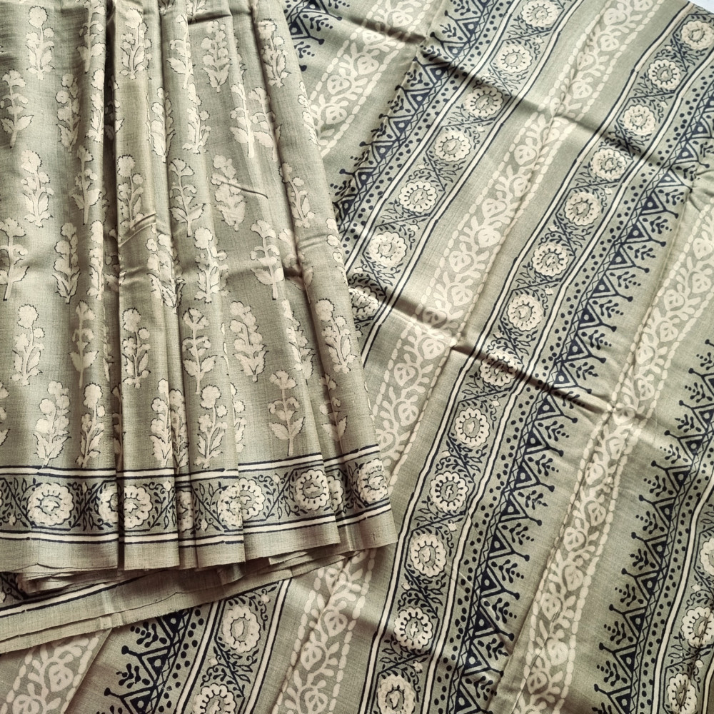 Image of Tussar block print grey floral