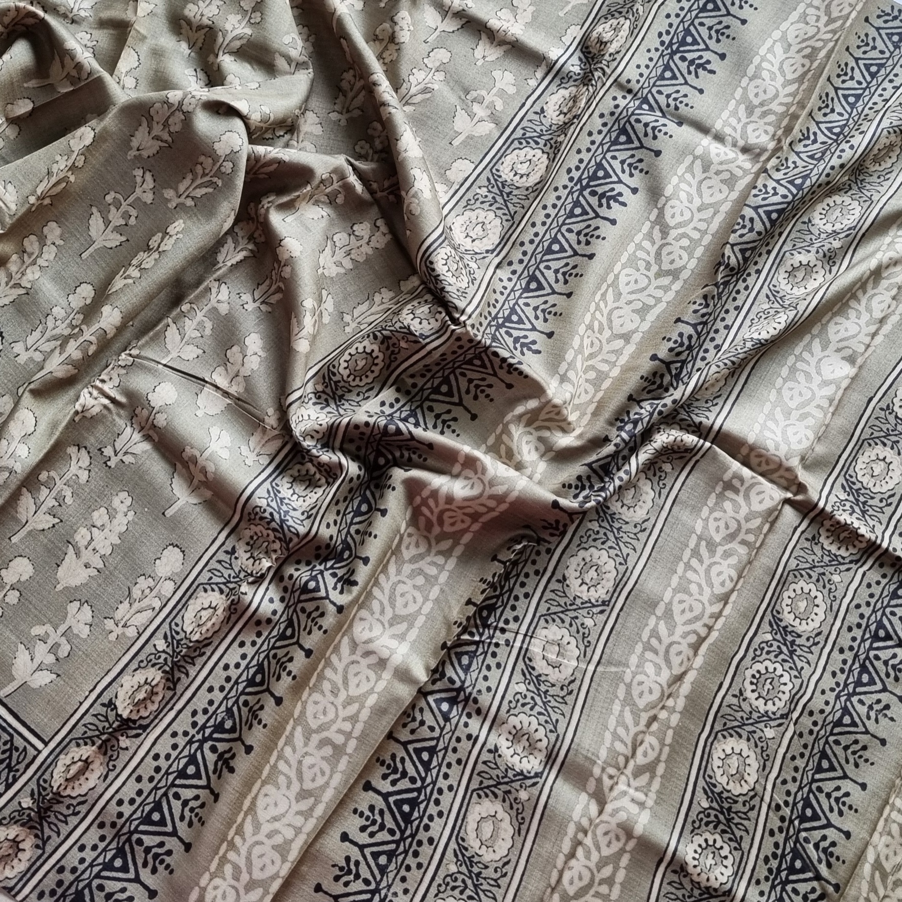 Tussar block print grey floral
