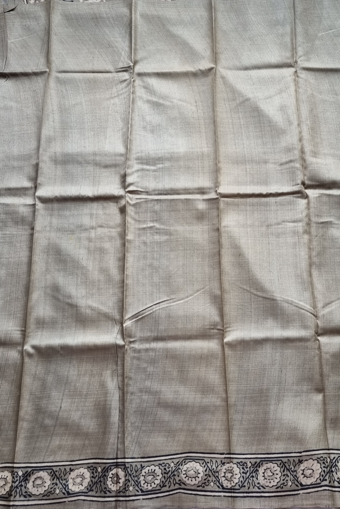 Tussar block print grey floral